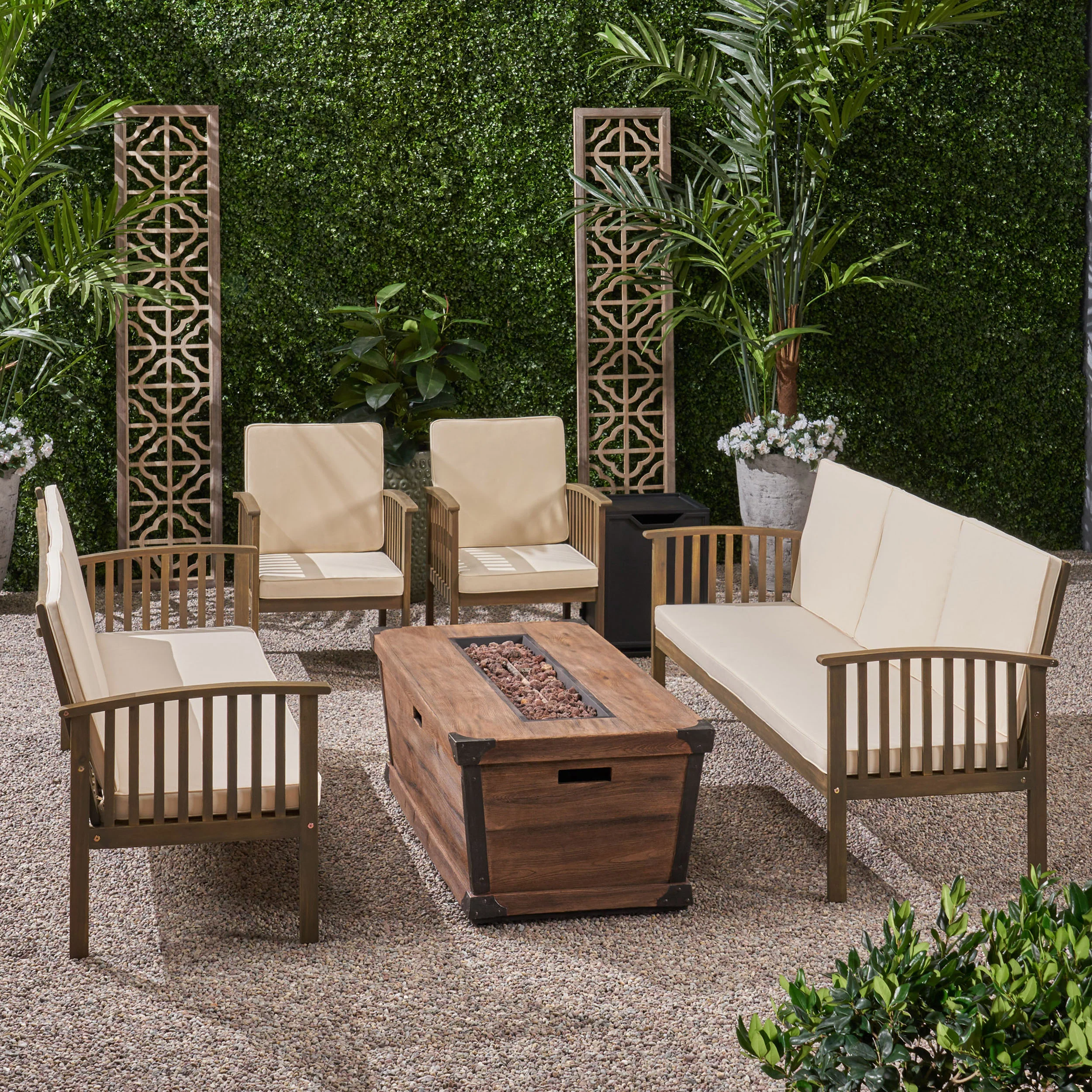 Beckley Outdoor 4 Piece Acacia Wood Conversational Sofa Set with Cushions and Fire Pit - furnishings