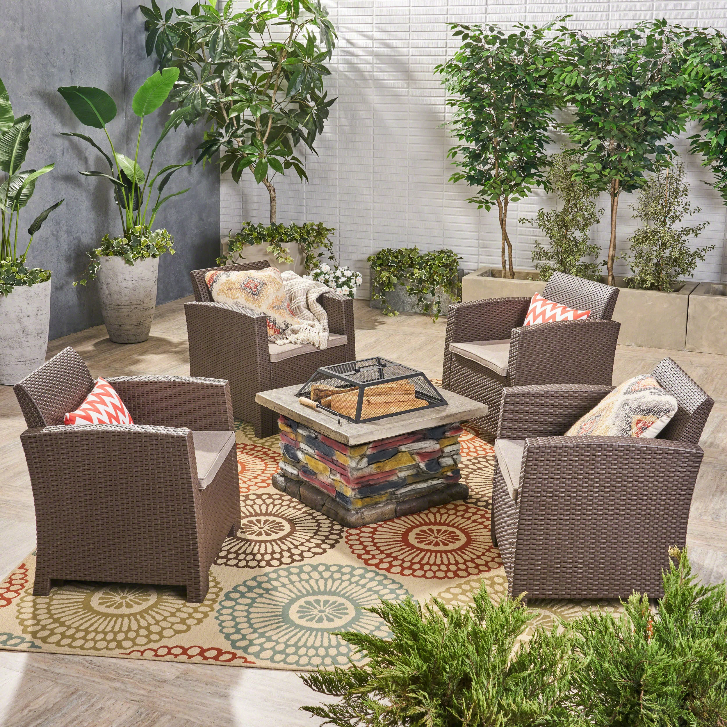Victor Outdoor 4-Seater Wicker Print Chat Set with Wood Burning Fire Pit, Brown and Mixed Beige and Natural Stone - furnishings