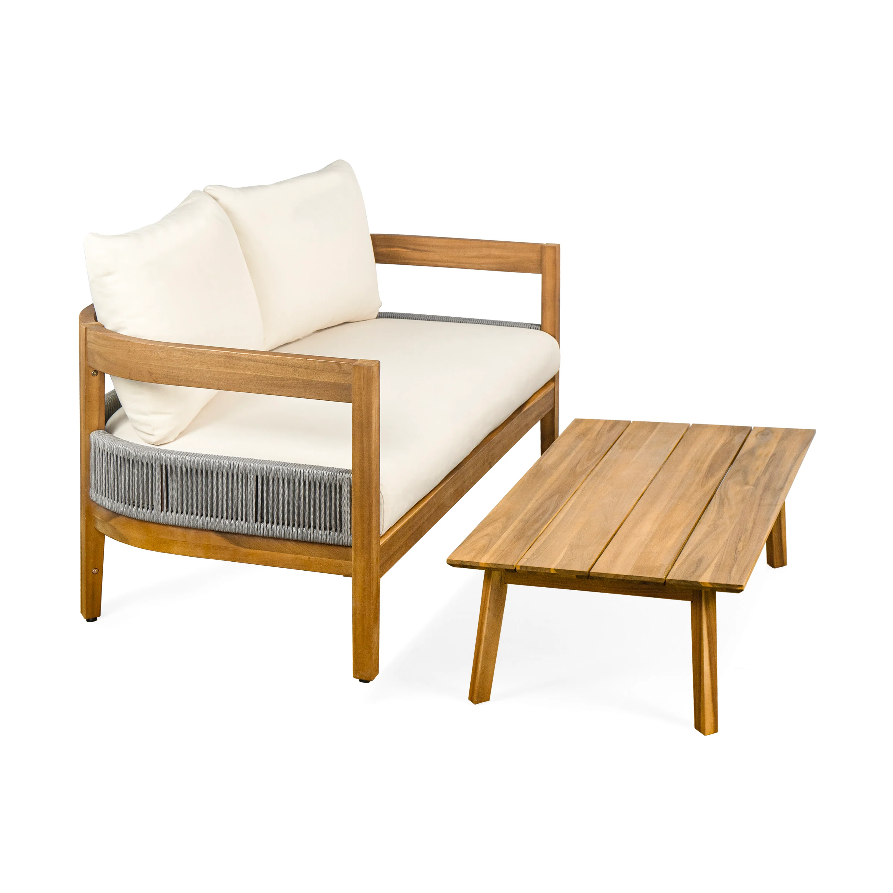 Evandere Teak Rope Weave Acacia Wood Outdoor Loveseat and Coffee Table Set - furnishings
