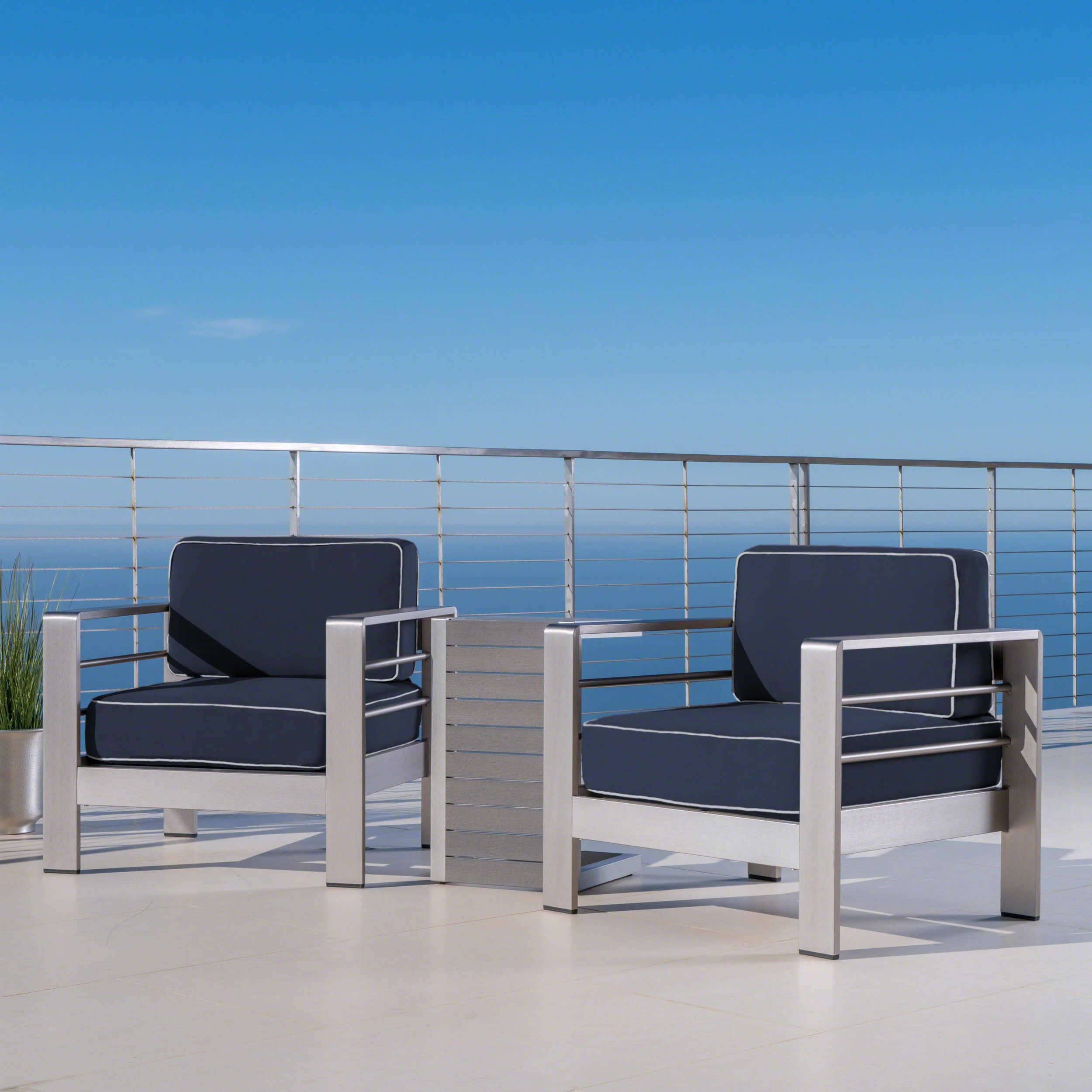 Zona Outdoor Aluminum Club Chairs and Faux Wood Side Table Set with Cushions - furnishings