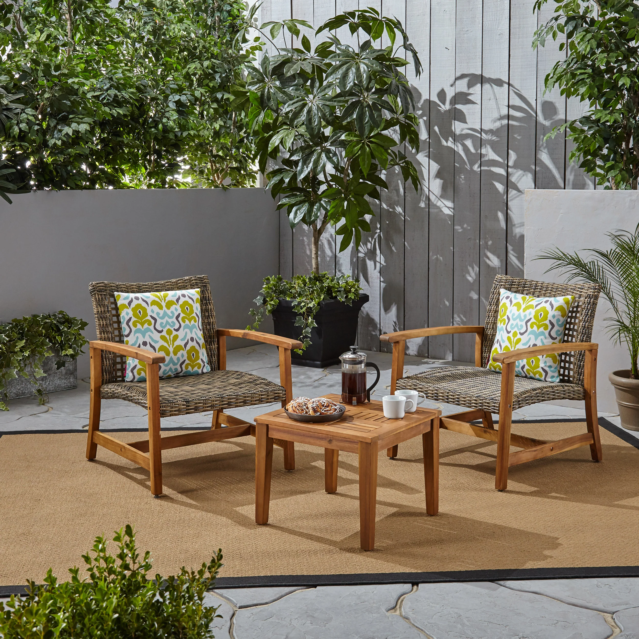 Alyssa Outdoor 3 Piece Wood and Wicker Club Chairs and Side Table Set - furnishings