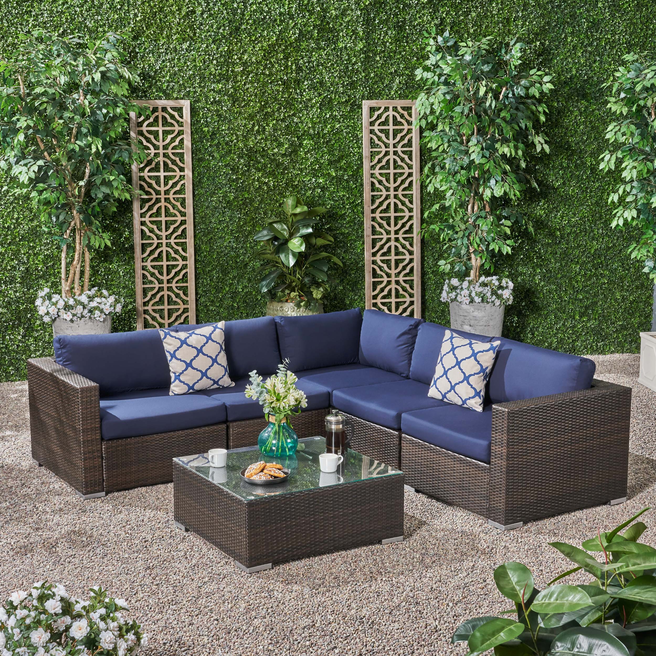 Kyra Outdoor 5 Seater Wicker Sectional Sofa Set with Sunbrella Cushions - furnishings