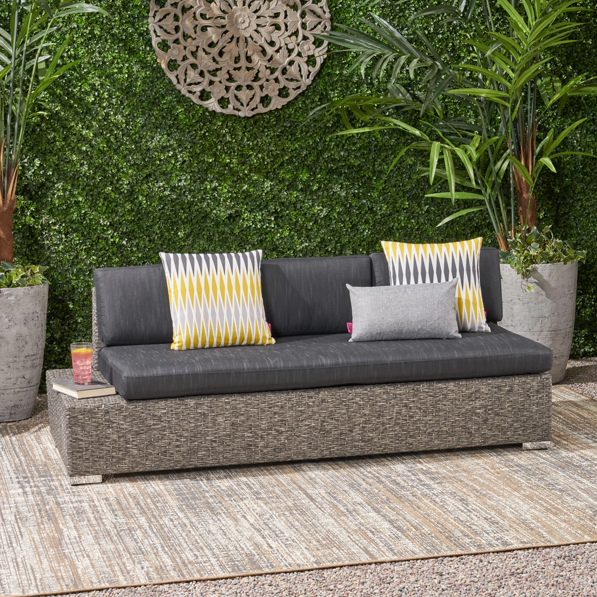 Stuart Outdoor 3 Seater Wicker Left Sofa, Mixed Black with Dark Grey Cushions - furnishings
