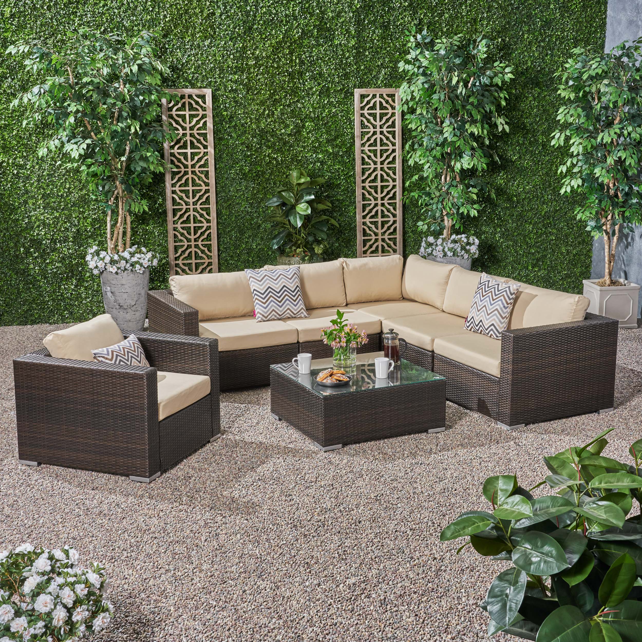 Kyra Outdoor 6 Seater Wicker Sectional Sofa Set with Sunbrella Cushions - furnishings
