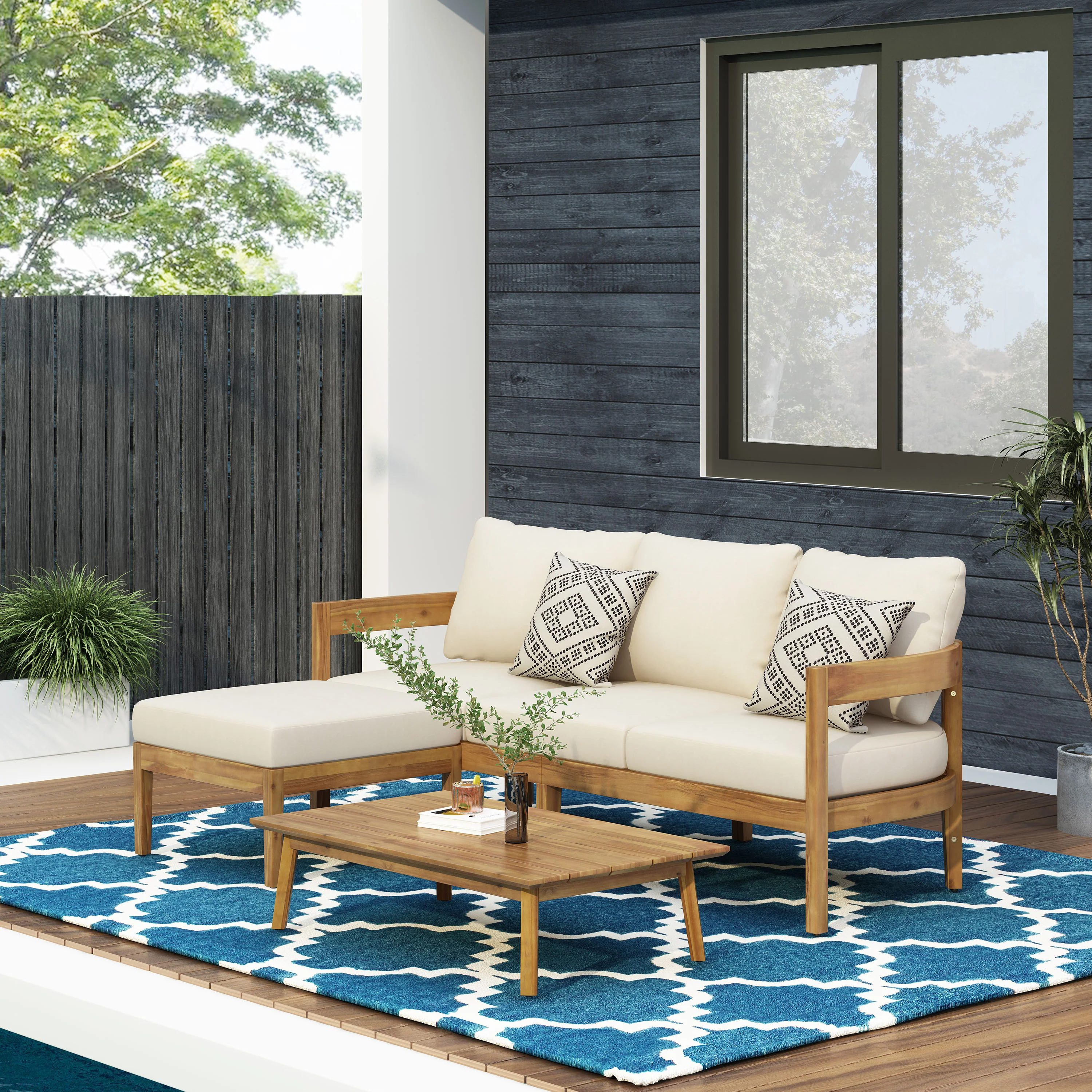 Brooklyn Outdoor Acacia Wood 3 Seater Sofa Chat Set with Ottoman, Teak and Beige - furnishings
