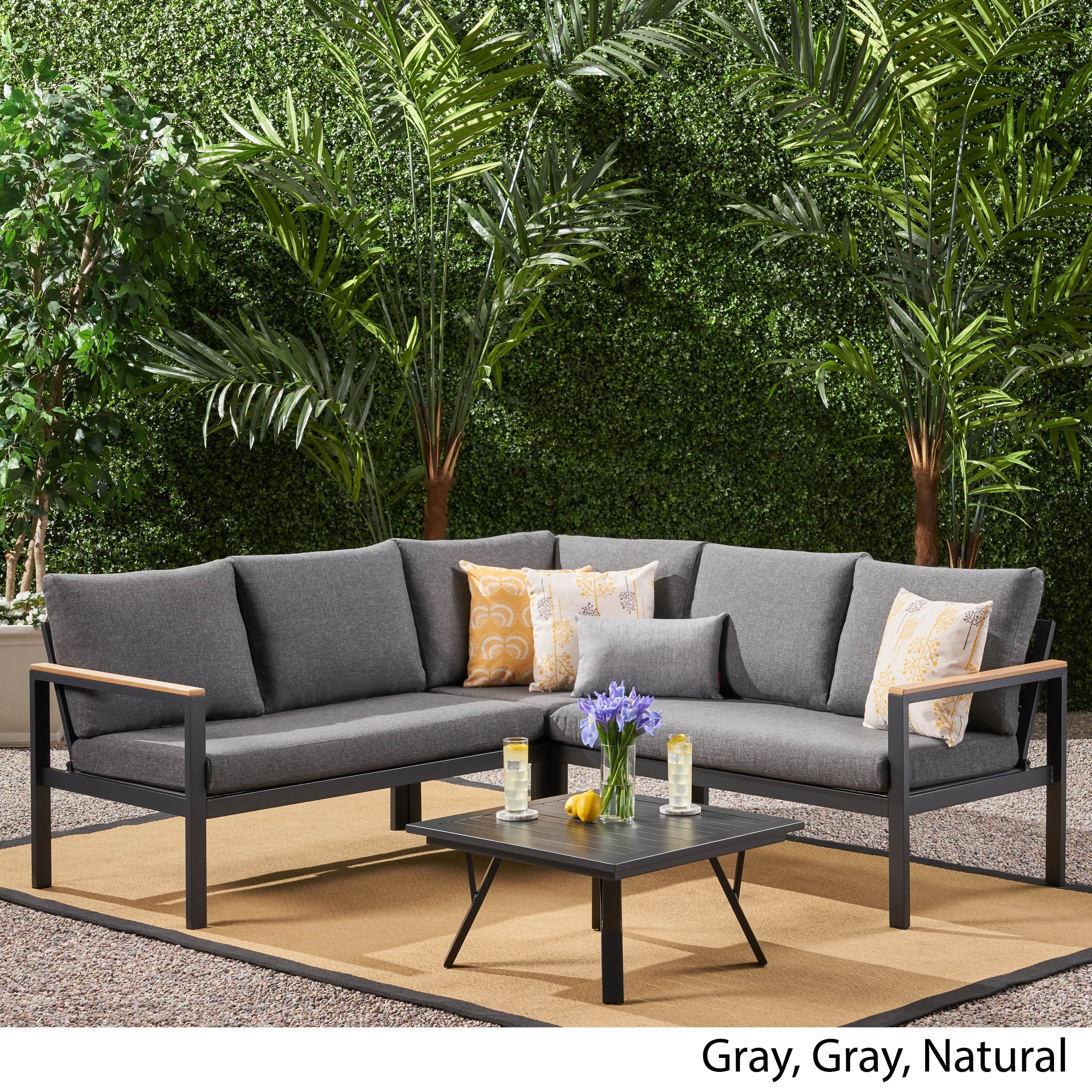 Jessica Outdoor Aluminum V-Shaped Sofa Set with Faux Wood Accents, Gray Finish and Gray - furnishings