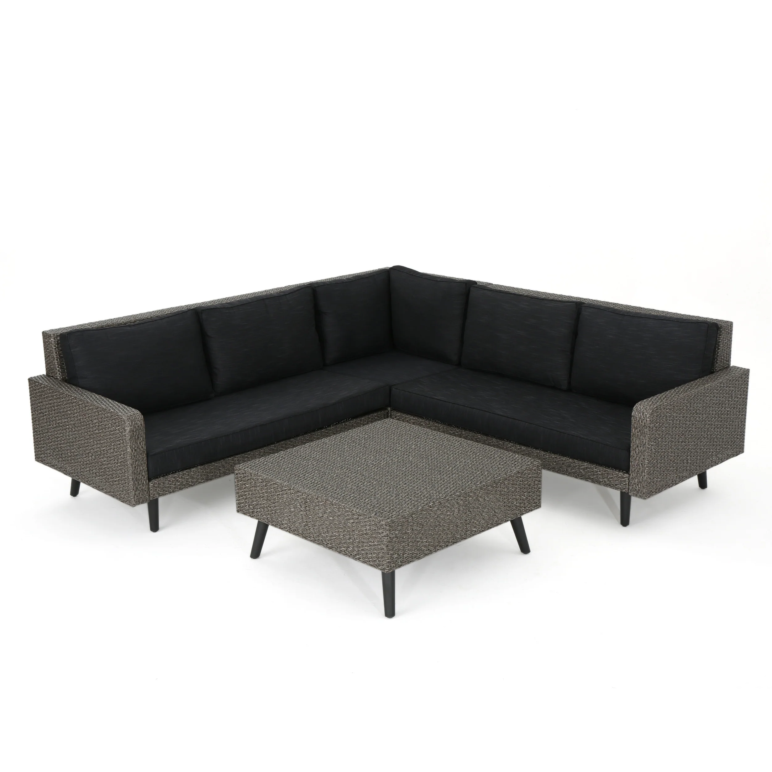 Hensley Outdoor Wicker 5 Seater Sectional Sofa Chat Set with Cushions, Mixed Black and Dark Gray - furnishings