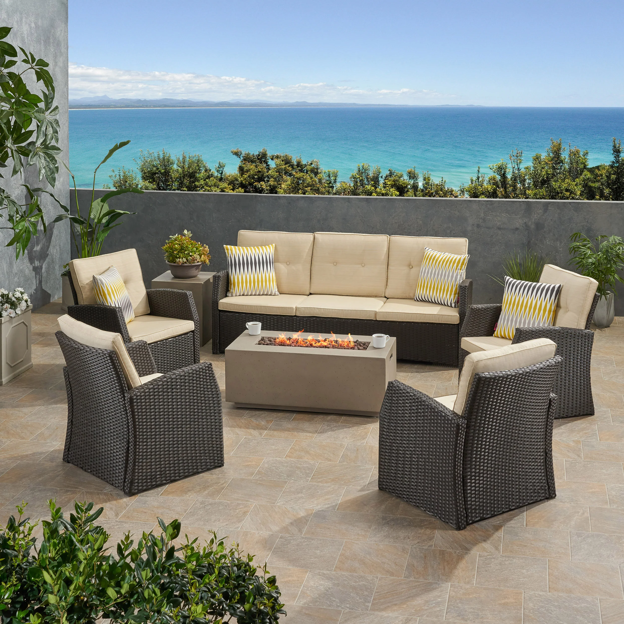 Roswell Outdoor 7 Seater Wicker Chat Set with Light Weight Concrete Fire Pit - furnishings