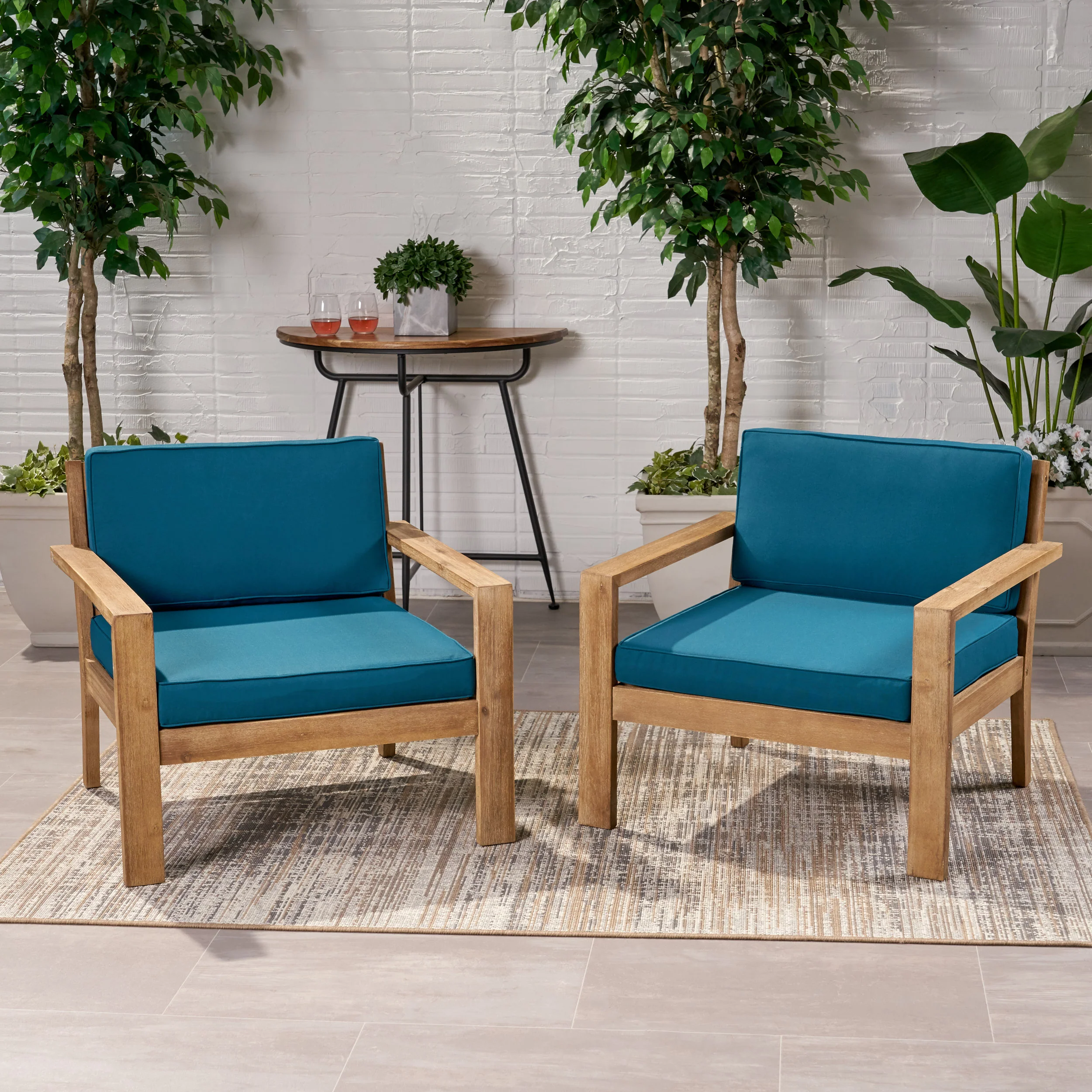 Antoine Ben Outdoor Acacia Wood Club Chairs with Cushions, Set of 2 - furnishings