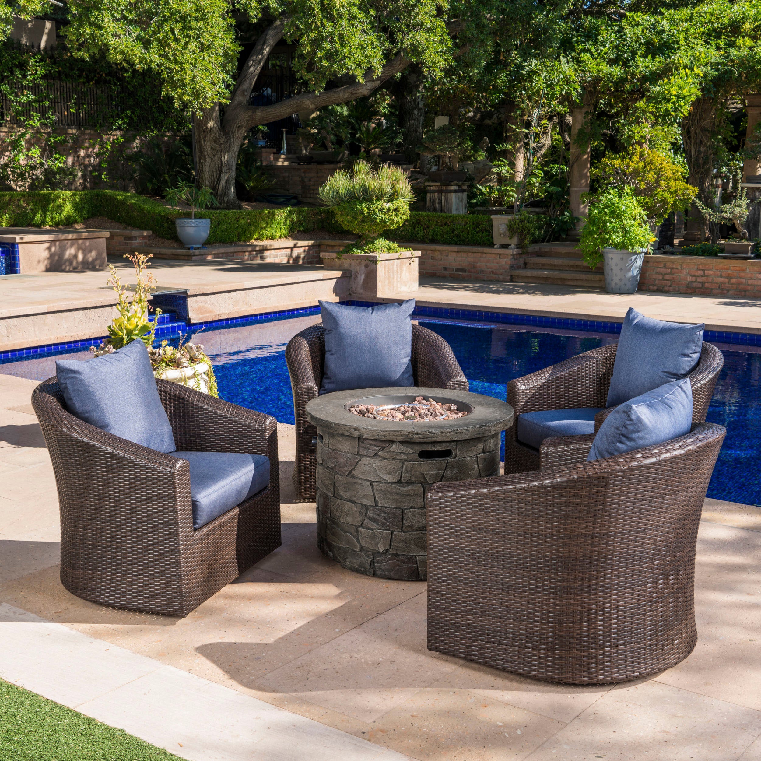Zippa Outdoor 5 Piece Wicker Swivel Club Chair Fire Pit Chat Set - furnishings