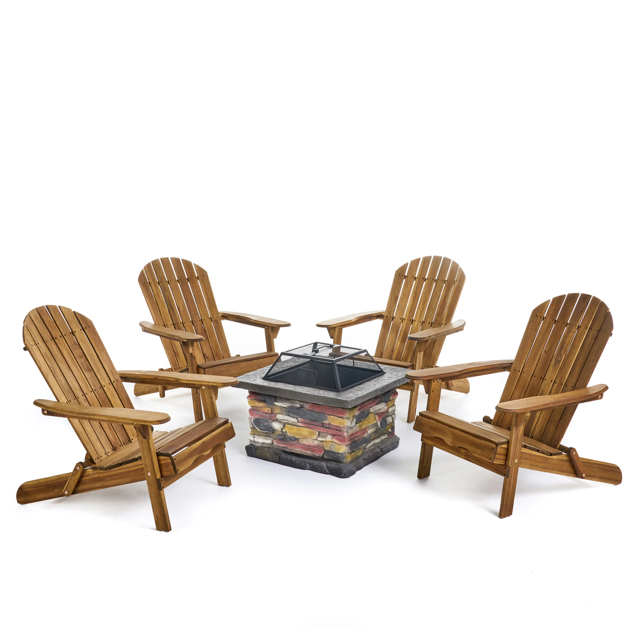 Benson Outdoor 5 Piece Acacia Wood/ Light Weight Concrete Adirondack Chair Set with Fire Pit - furnishings