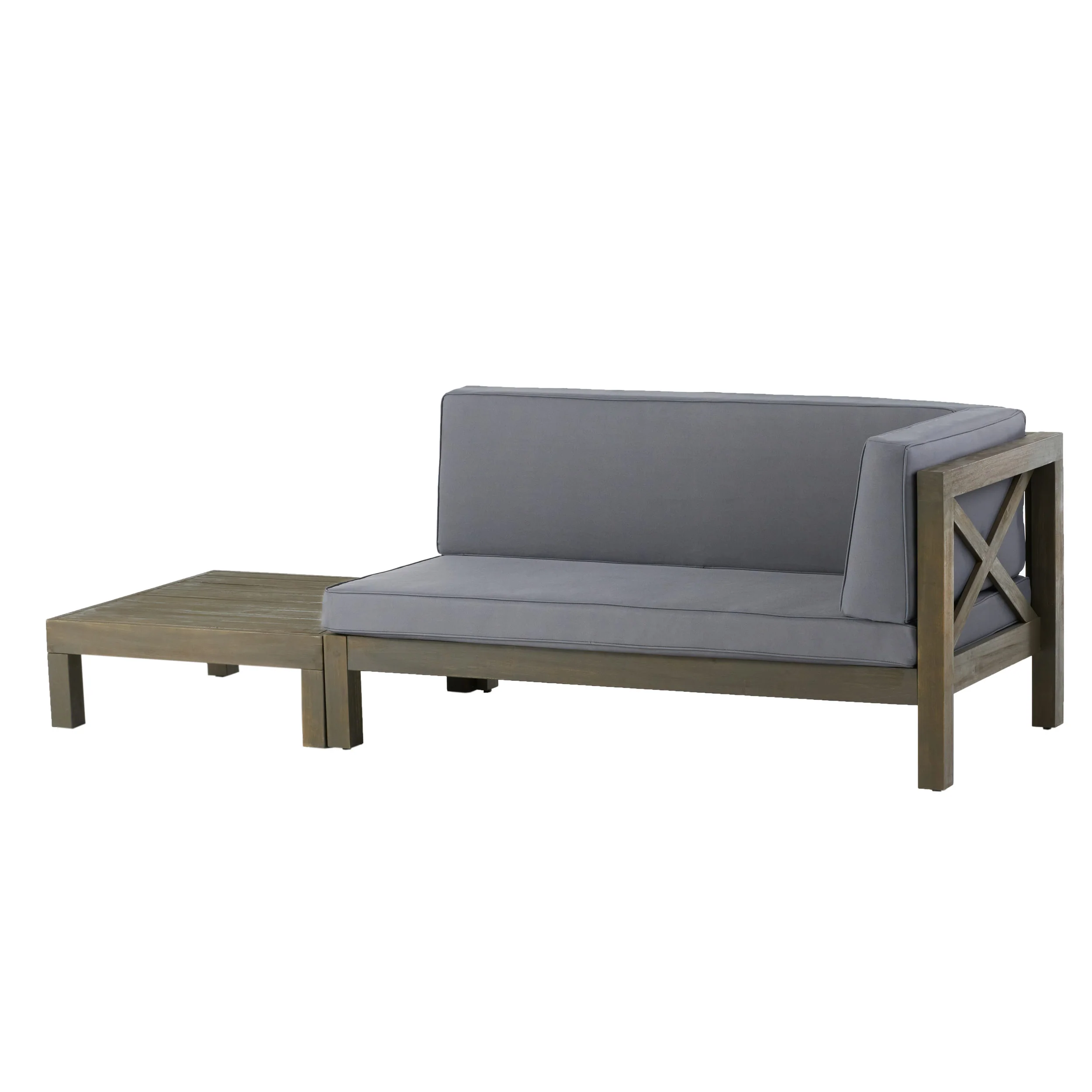 Keith Outdoor Acacia Wood Right Arm Loveseat and Coffee Table Set with Cushion - furnishings