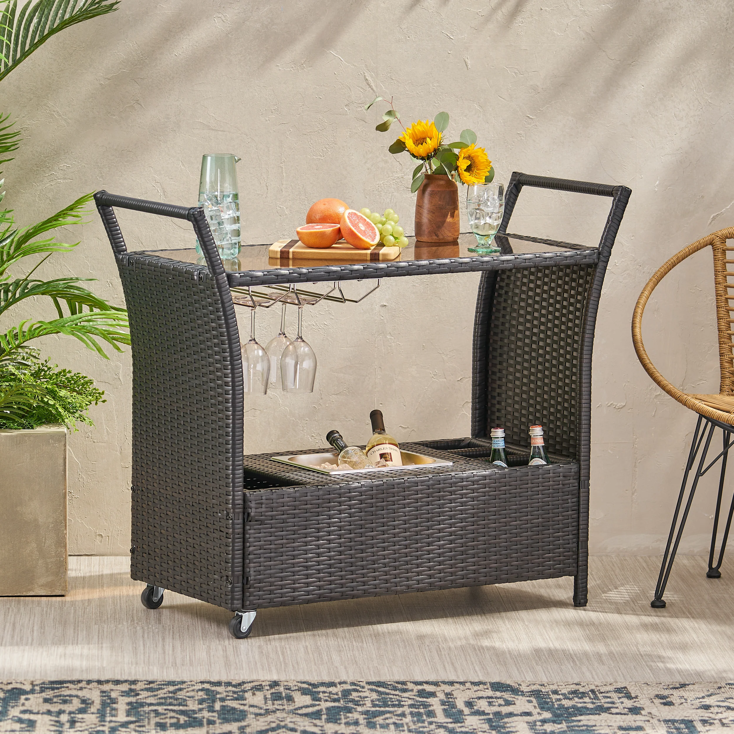Benett Outdoor Wicker Serving Bar Cart - furnishings