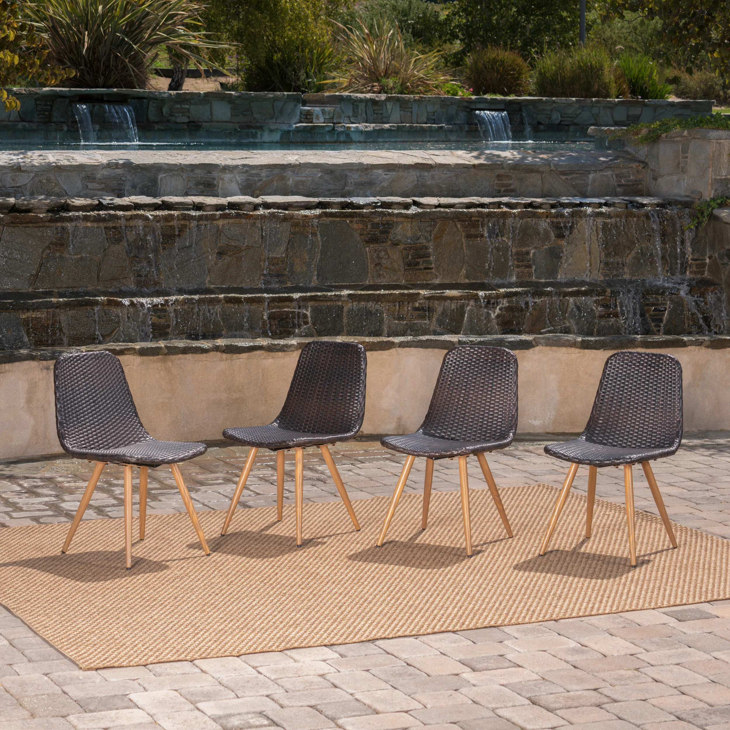 Gilda Outdoor Multi-Brown Wicker Dining Chairs With Wood Finished Metal Legs - furnishings