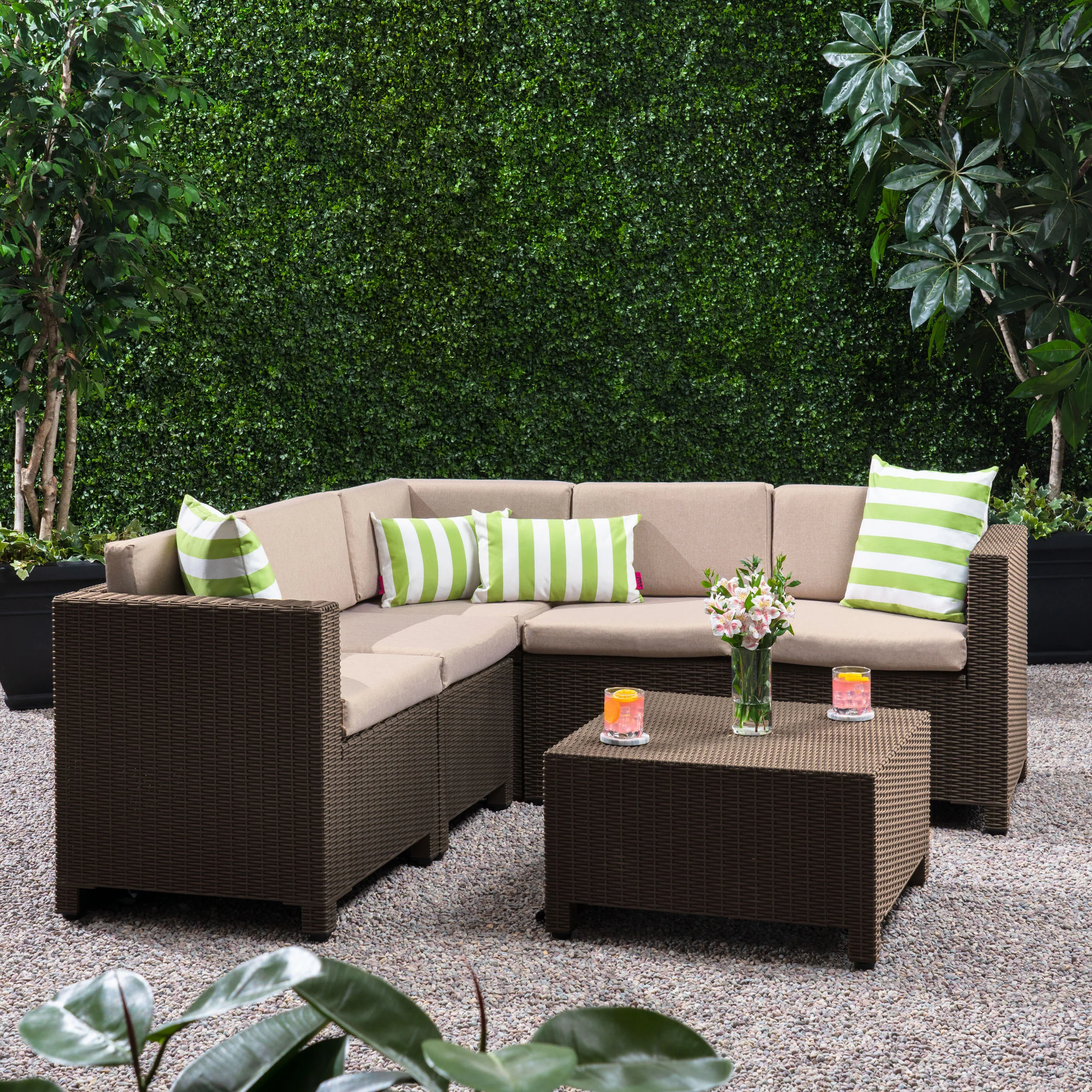 Riley Outdoor All Weather Faux Wicker 5 Seater Sectional Sofa Set with Cushions - furnishings