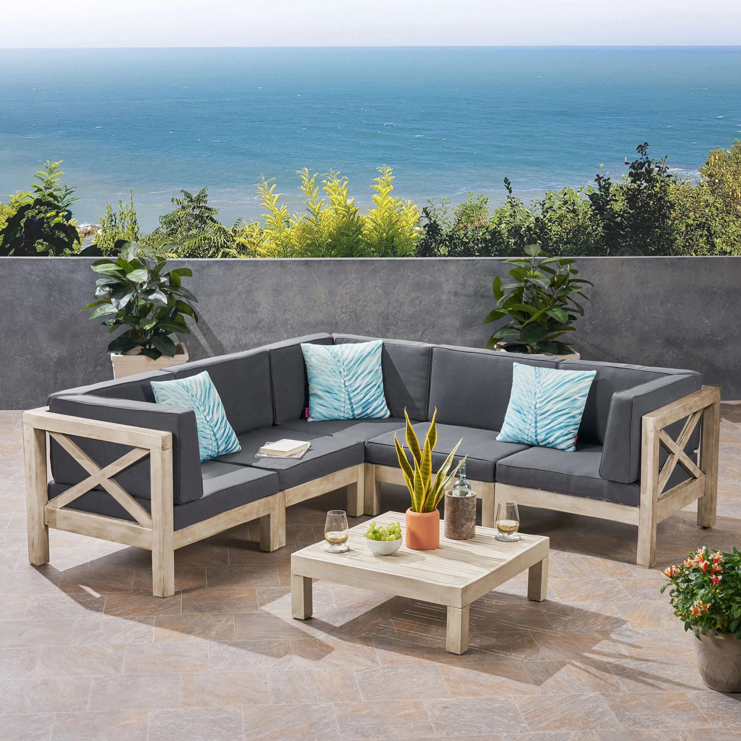 Brava Outdoor 5-Seater Gray Acacia Wood Sectional Sofa Set with Coffee Table - furnishings