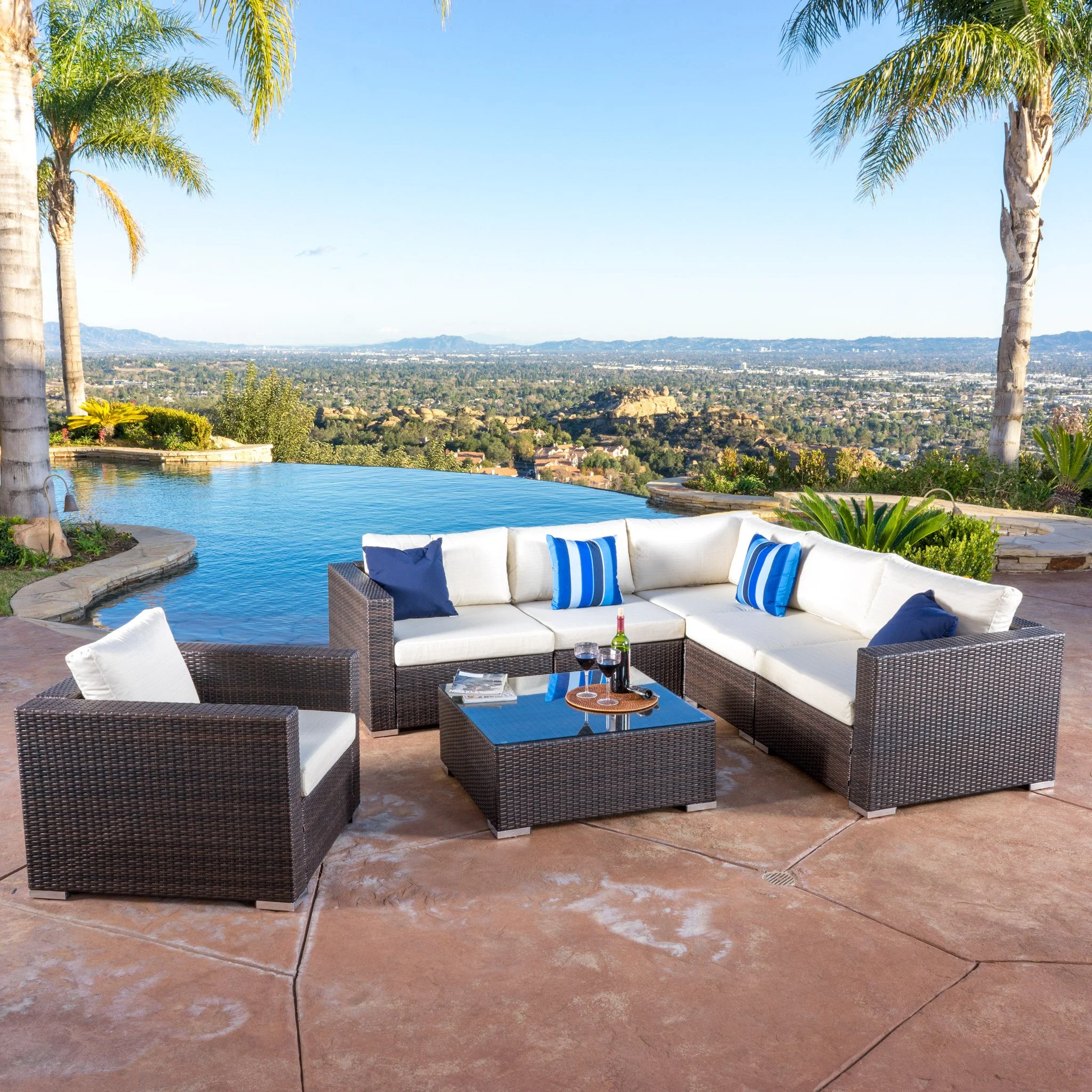 Francisco 7pc Outdoor Brown Wicker Seating Sectional Set w/ Cushions - furnishings