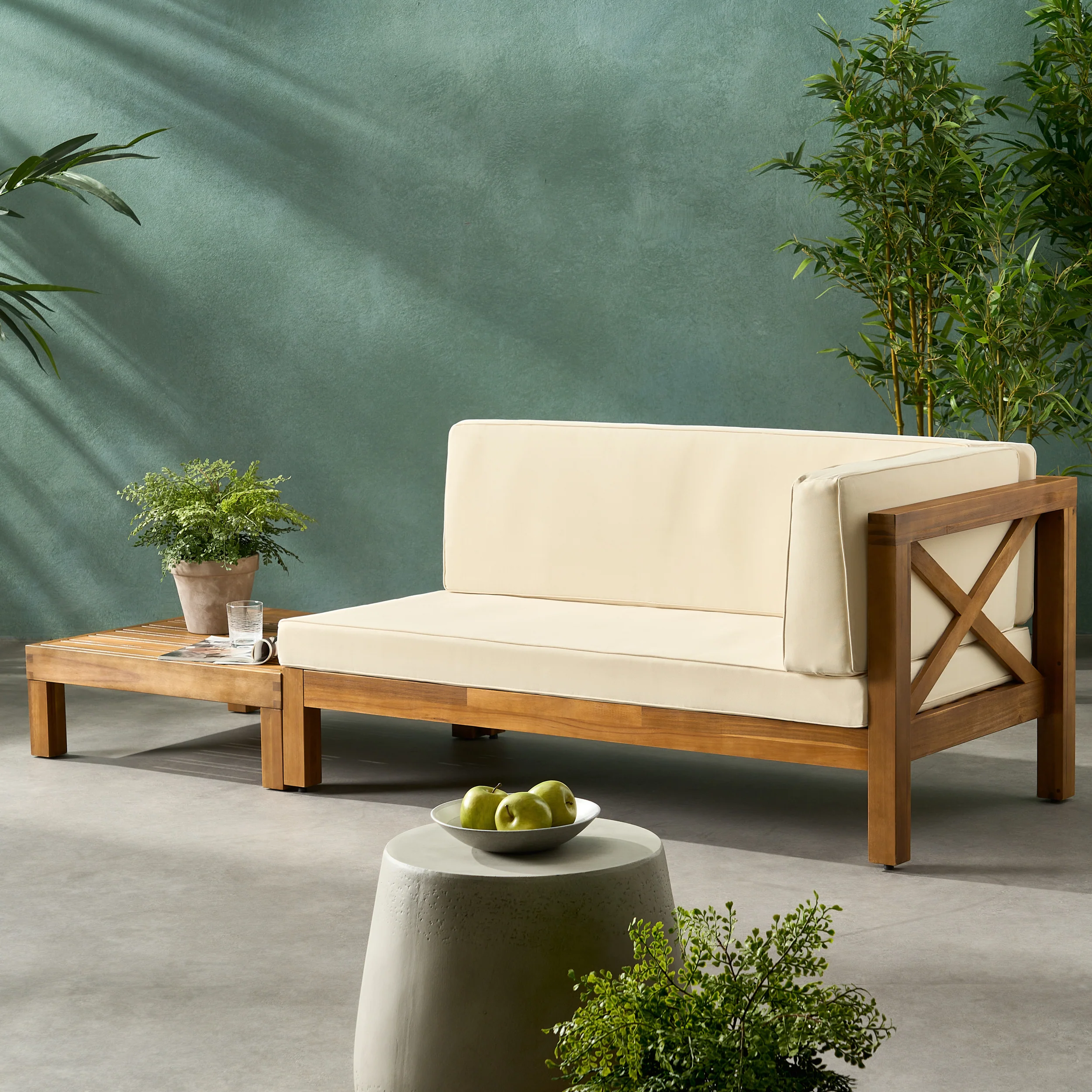 Keith Outdoor Acacia Wood Right Arm Loveseat and Coffee Table Set with Cushion - furnishings