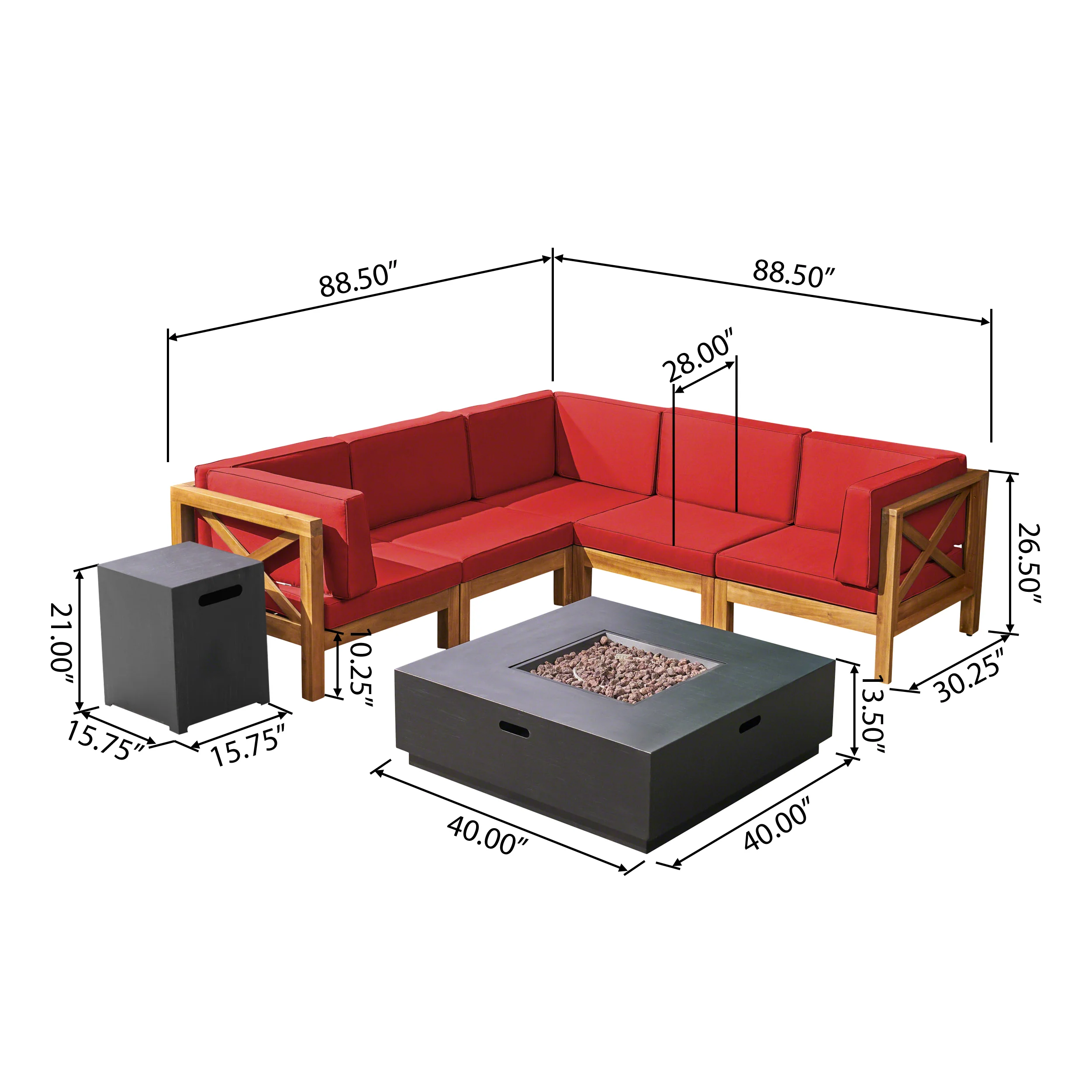 Gina Outdoor Acacia Wood 5 Seater Sectional Sofa Set with Fire Pit - furnishings