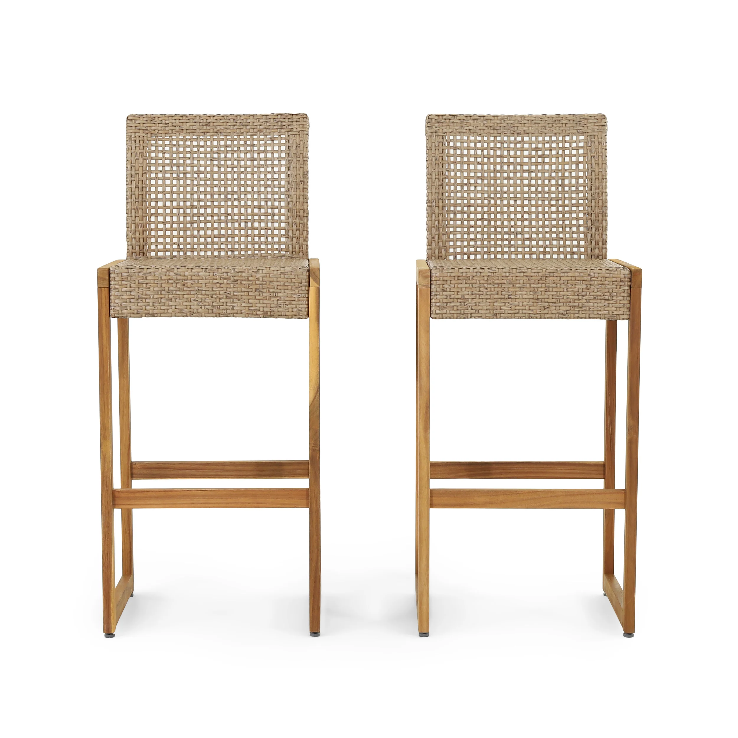 Resaca Outdoor Wicker Barstools, Set of 2, Light Multi-Brown and Teak - furnishings
