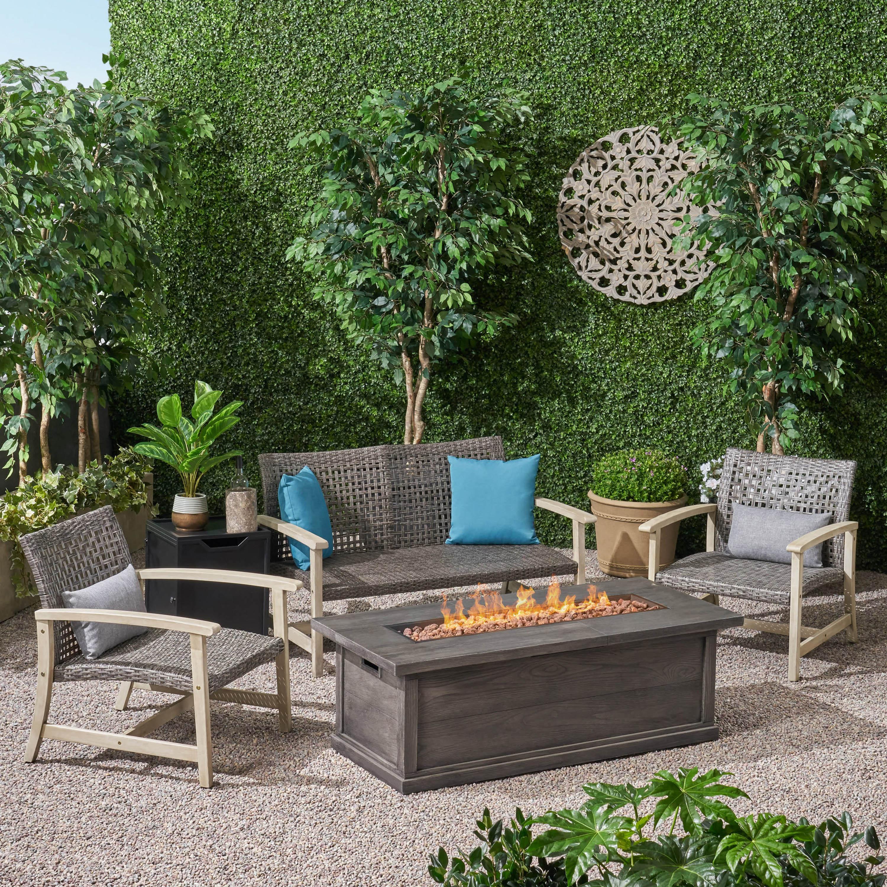 Rachel Outdoor 5 Piece Wood and Wicker Chat Set with Fire Pit - furnishings