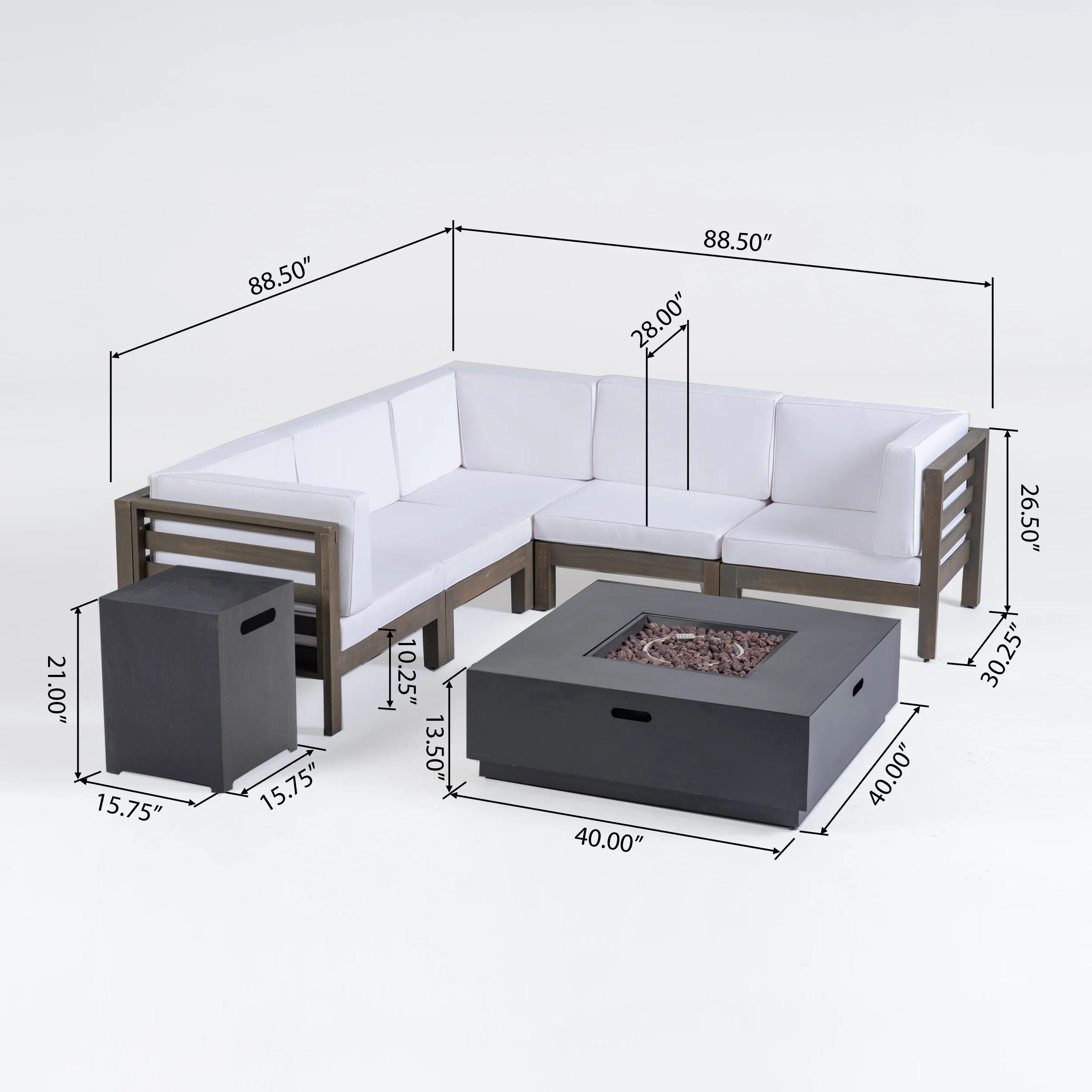 Krystin Outdoor 7 Piece V-Shaped Acacia Wood Sectional Sofa Set with Fire Pit and Outdoor Cushions - furnishings