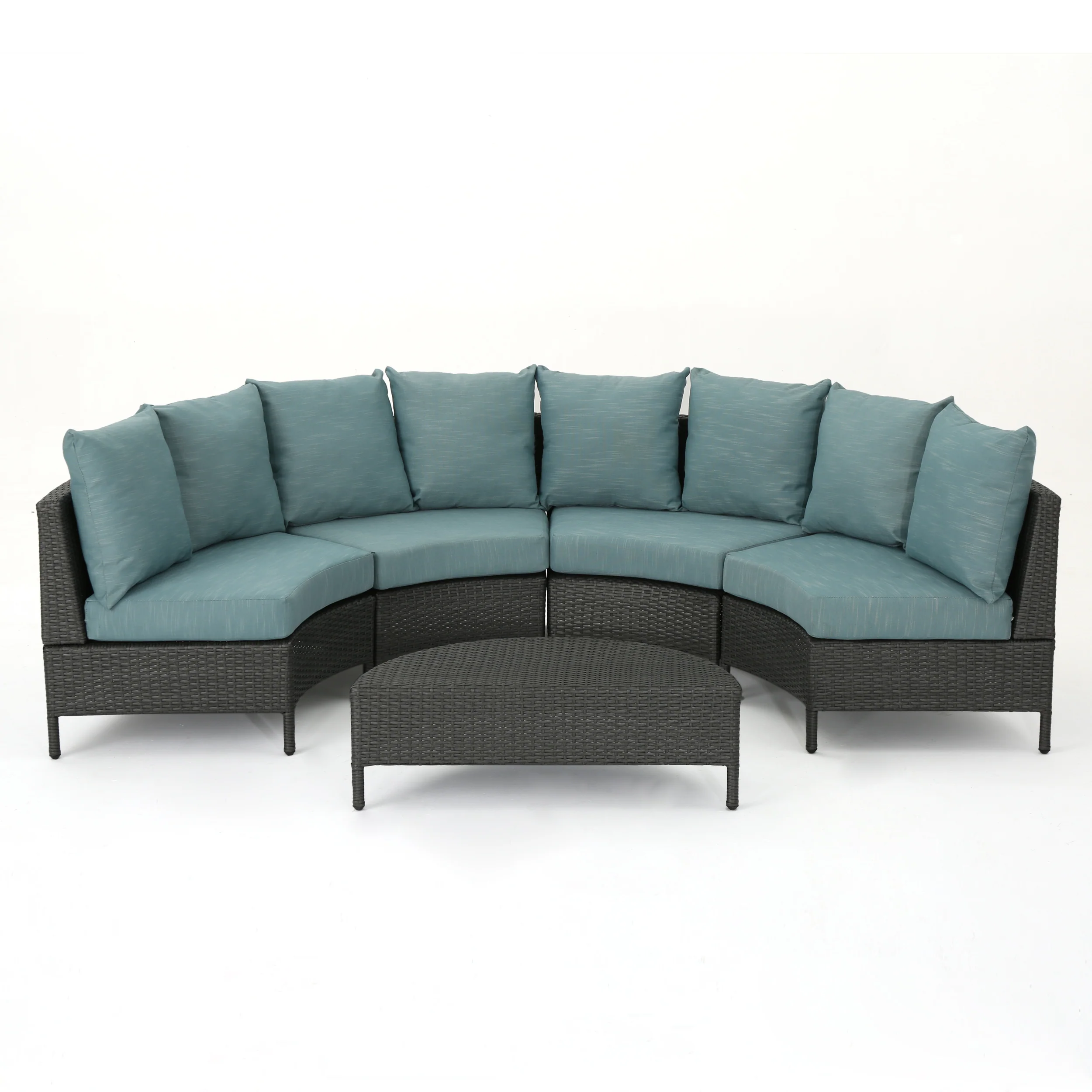 Venice Outdoor 5 Piece Gray Wicker Sectional Sofa Set with Teal Cushions - furnishings