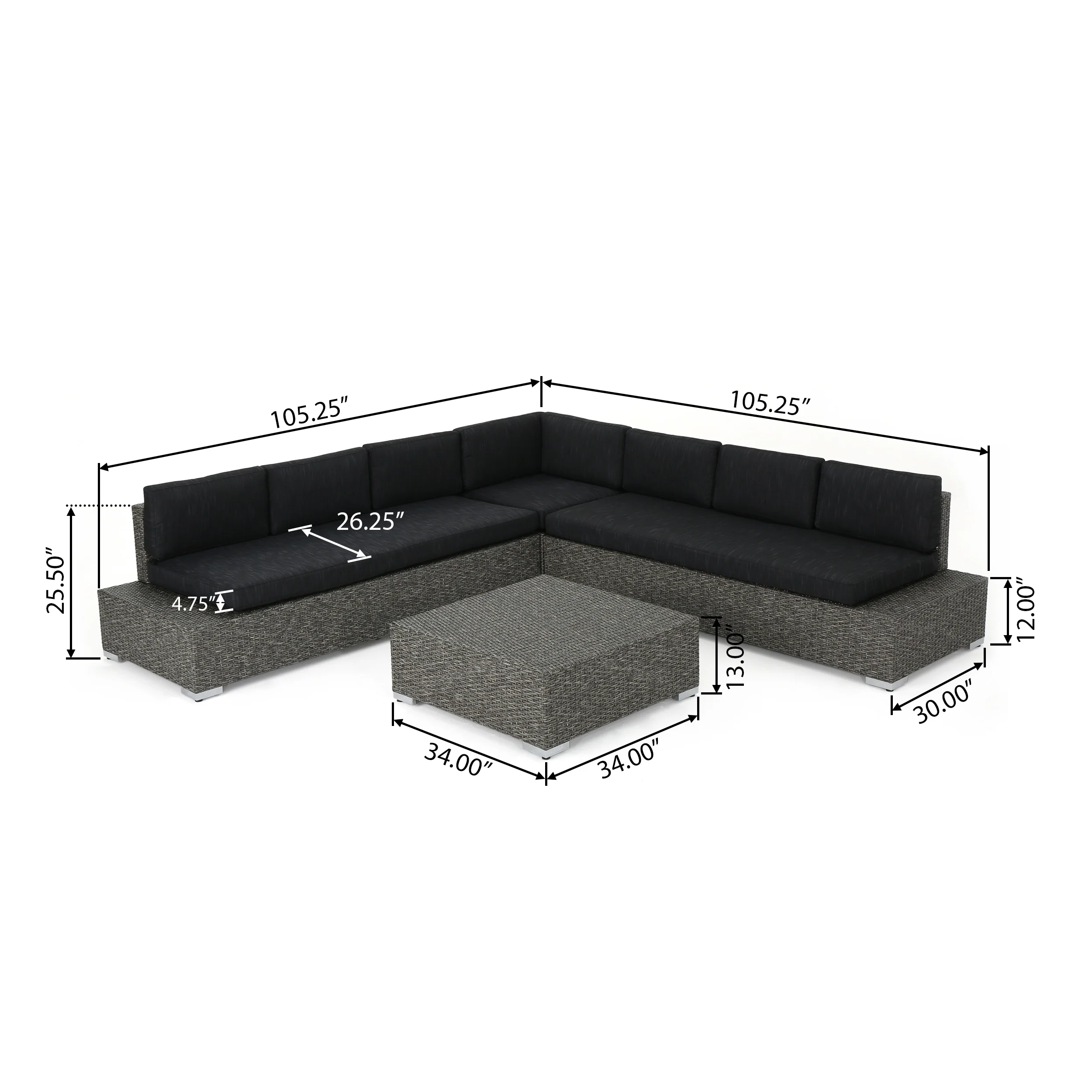 Pueblo Outdoor 7 Seat Wicker V Shaped Sectional Sofa w/ Water Resistant Cushions - furnishings