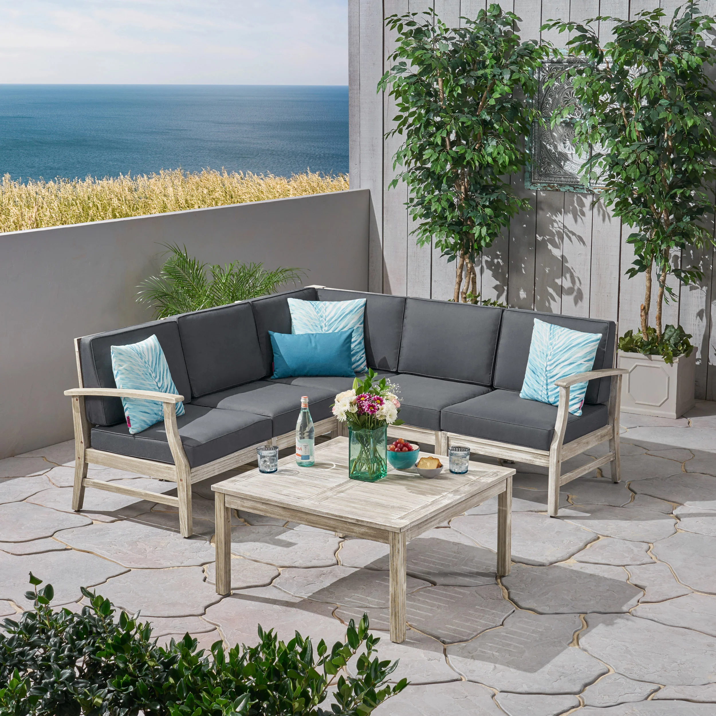 Martina Outdoor 6 Piece Acacia Wood Sectional Sofa and Coffee Table Set - furnishings