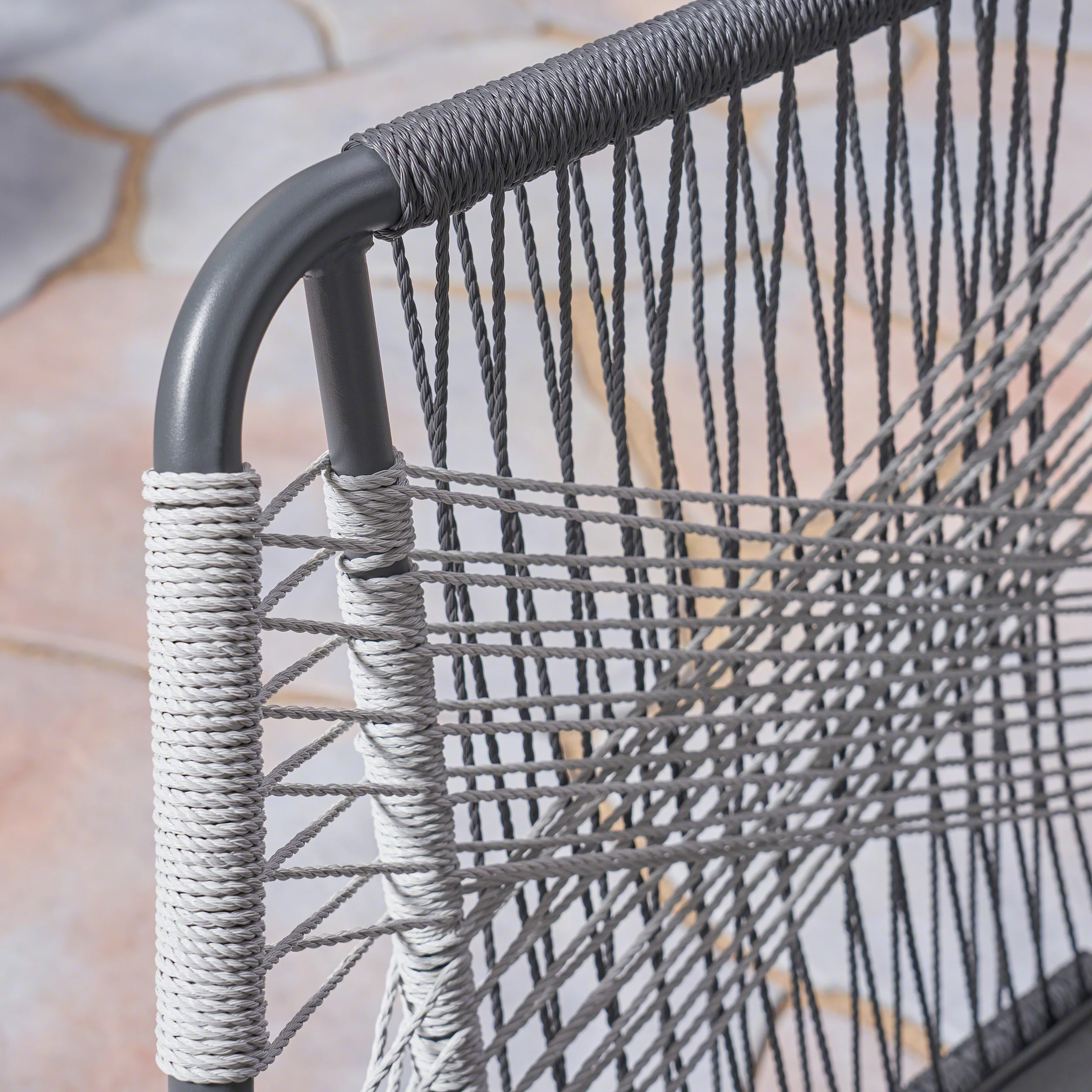 Connie Outdoor 3 Piece Rope and Steel Chat Set, Gray Finish and White - furnishings