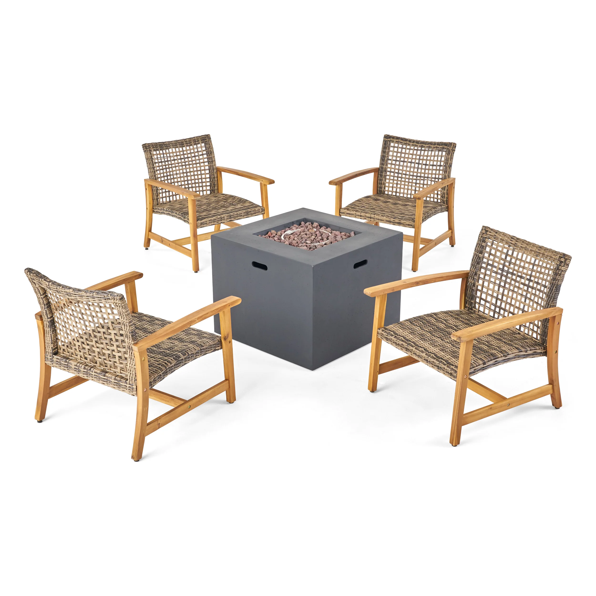 Tabby Outdoor 5 Piece Wood and Wicker Club Chairs and Fire Pit Set - furnishings
