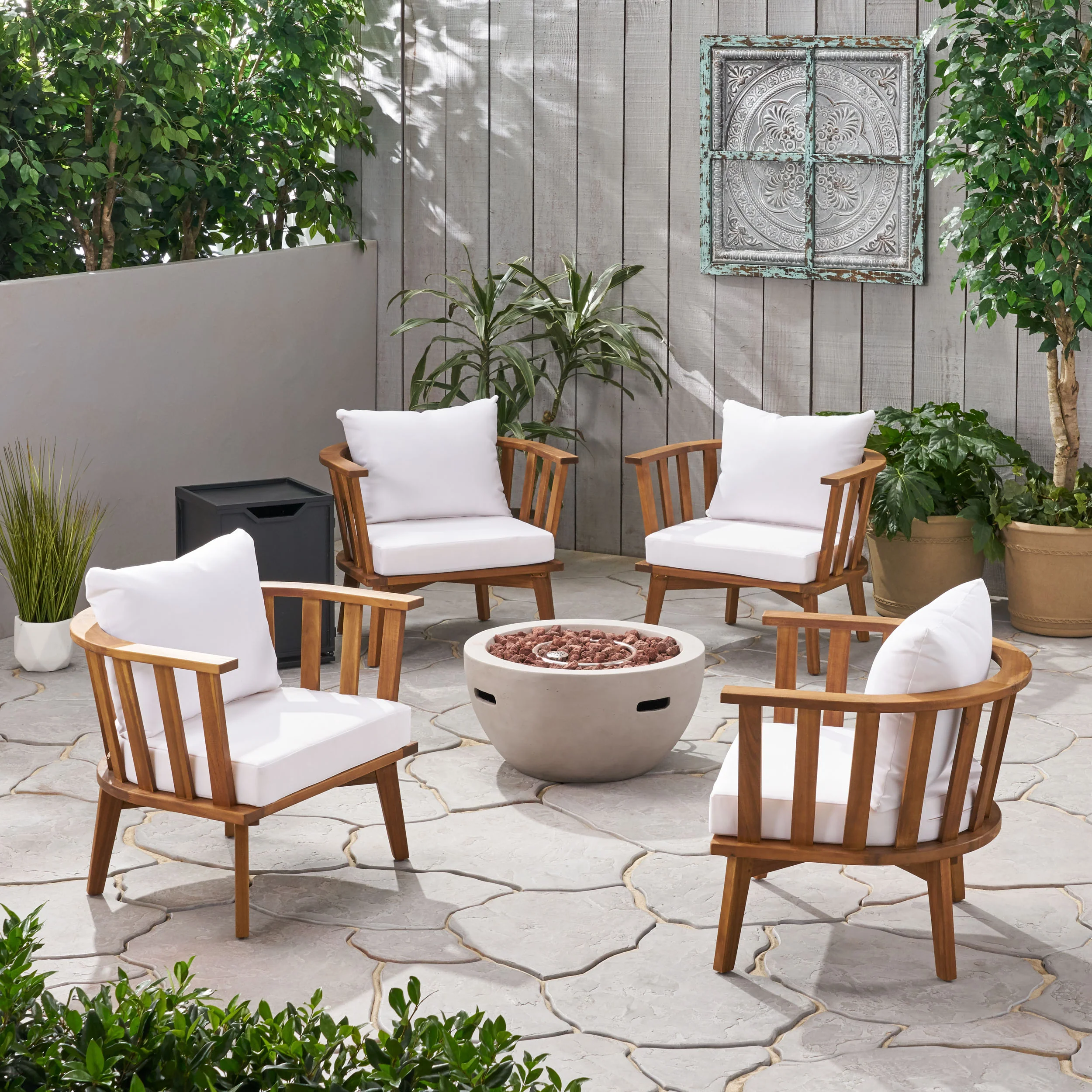 Trent Outdoor Acacia Wood 4 Seater Club Chairs and Fire Pit Set - furnishings
