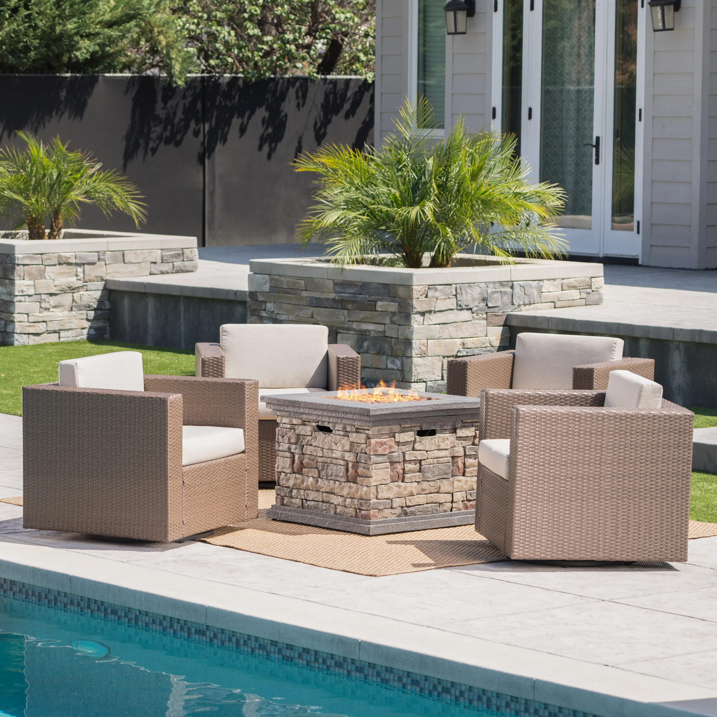 Venice Outdoor 5 Piece Chat Set with Brown Wicker Club Chairs and Fire Pit - furnishings