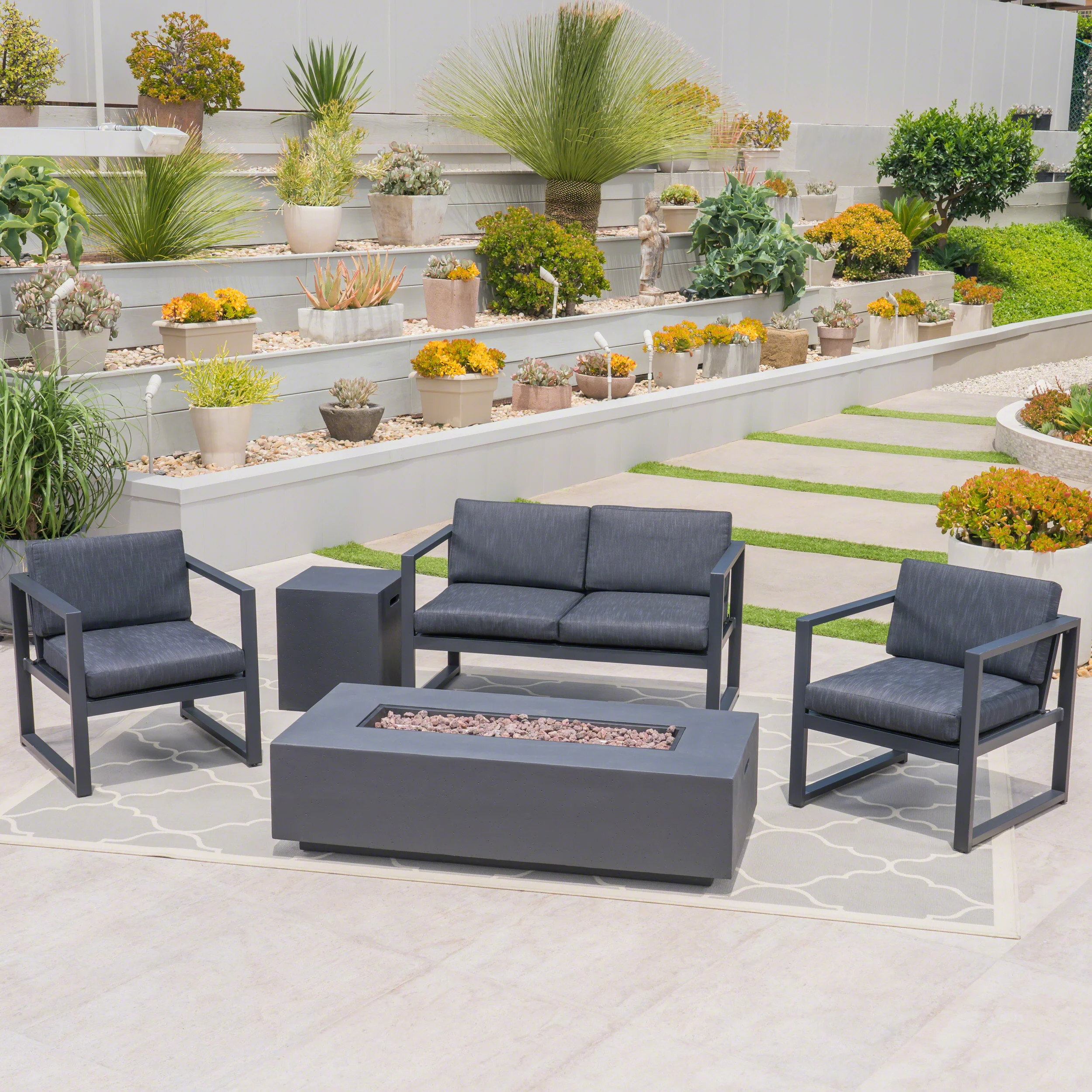 Nealie Outdoor 4-Seater Aluminum Chat Set with Fire Pit and Tank Holder - furnishings