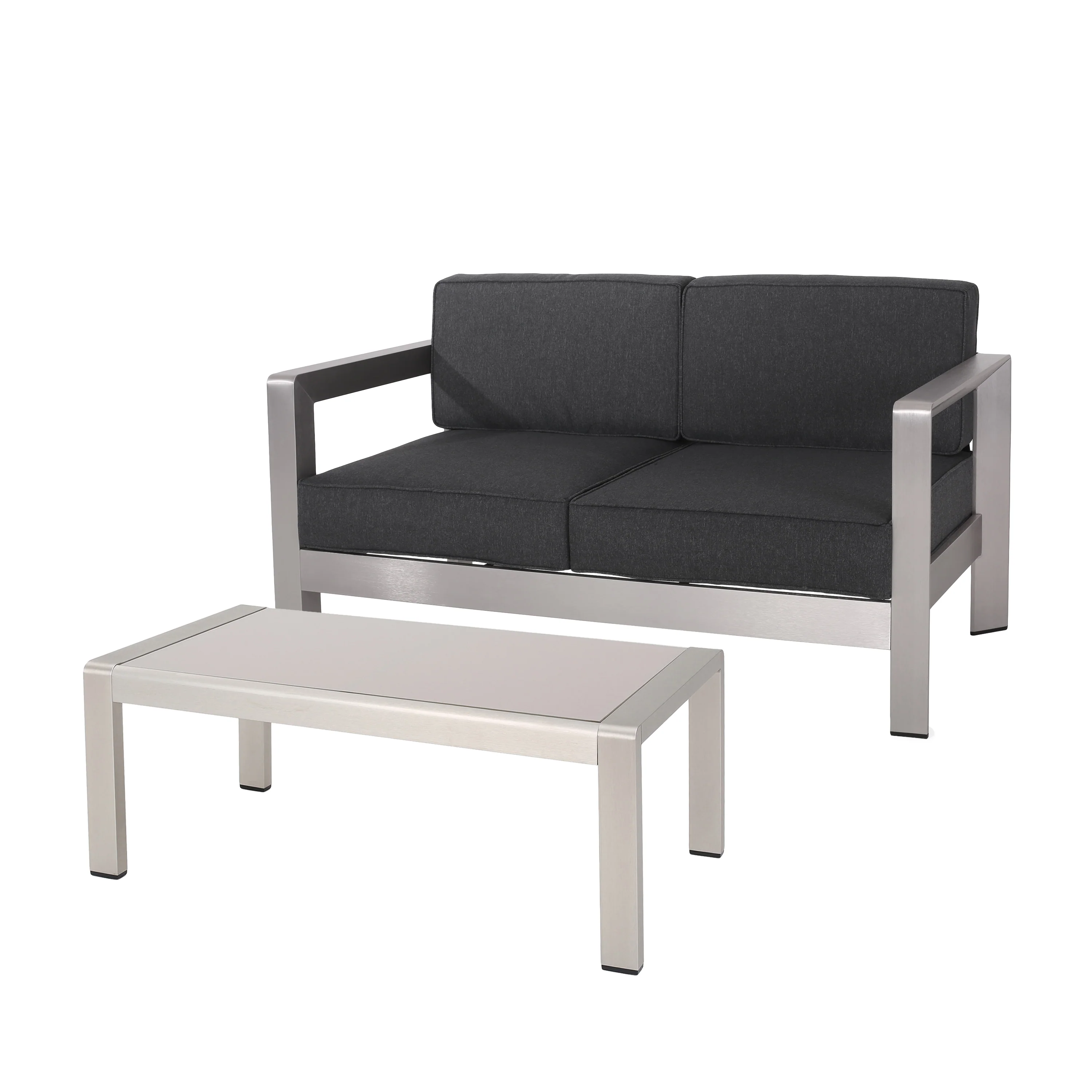 Alec Outdoor Aluminum Loveseat and Tempered Glass-Topped Coffee Table, Silver and Gray - furnishings