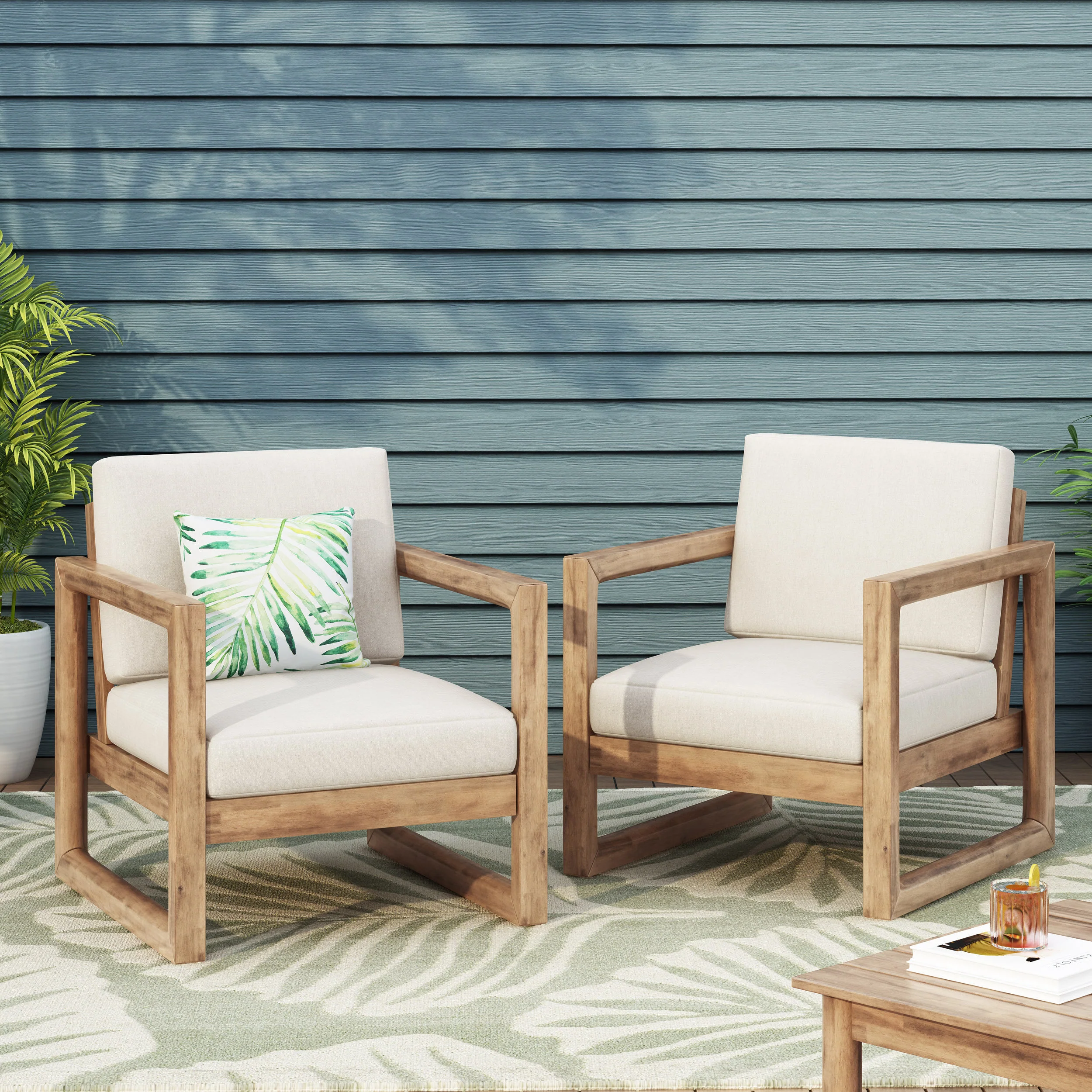 Petteti Outdoor Acacia Wood Club Chairs with Cushions, Set of 2, Brown and Beige - furnishings
