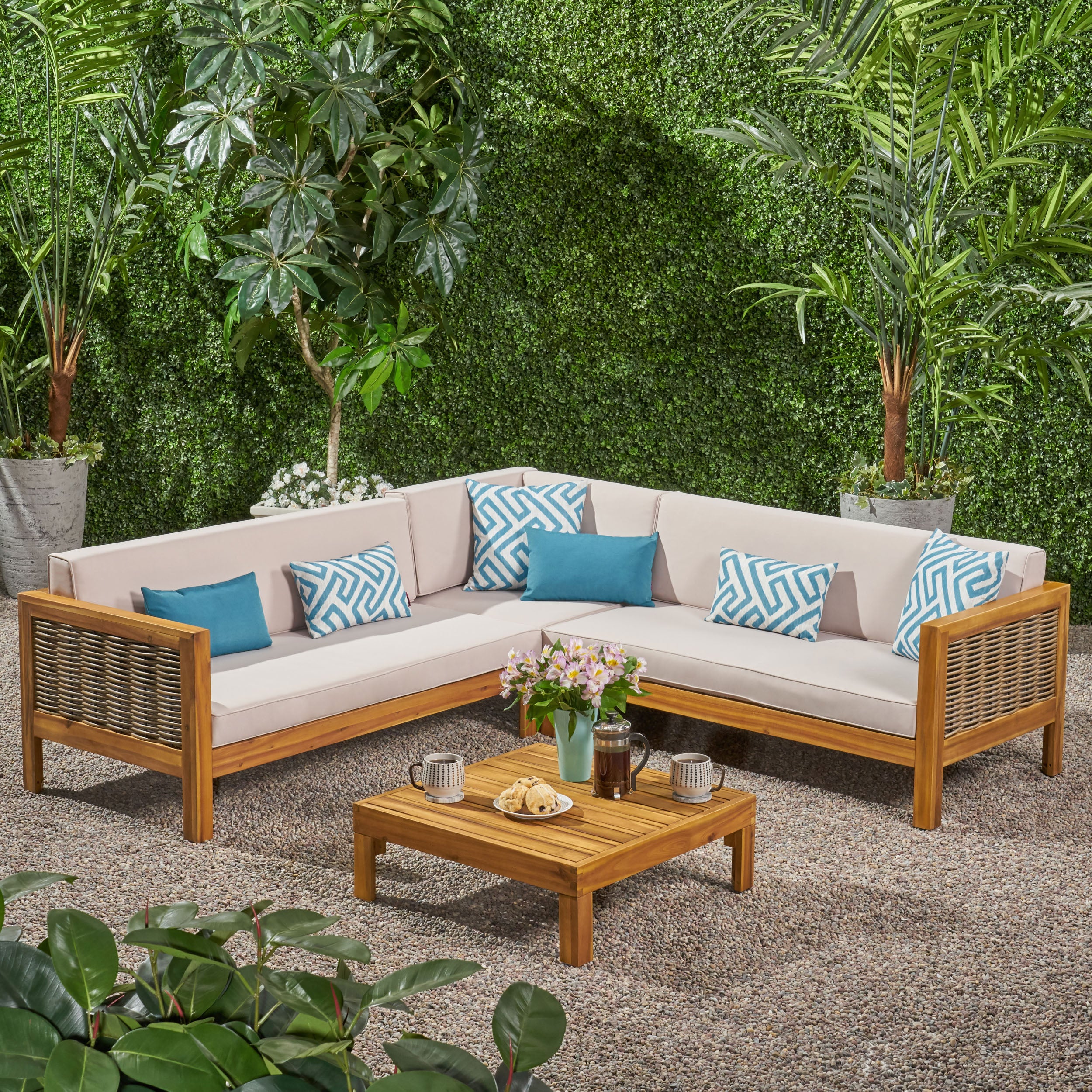 Elizabeth Outdoor Wood and Wicker 5 Seater Sectional Sofa and Coffee Table Set - furnishings
