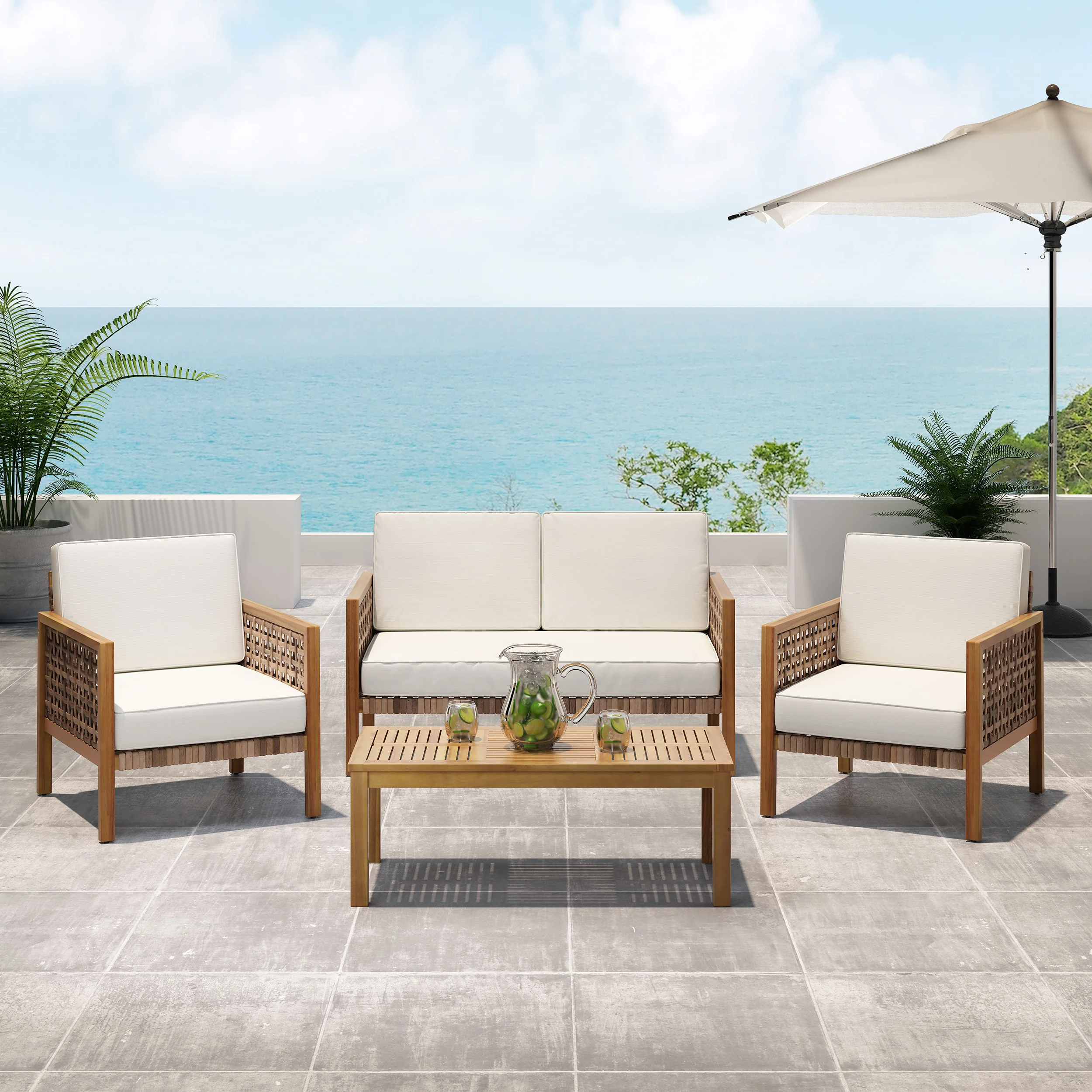Maycen Outdoor 4 Seater Acacia Wood Chat Set with Wicker Accents - furnishings