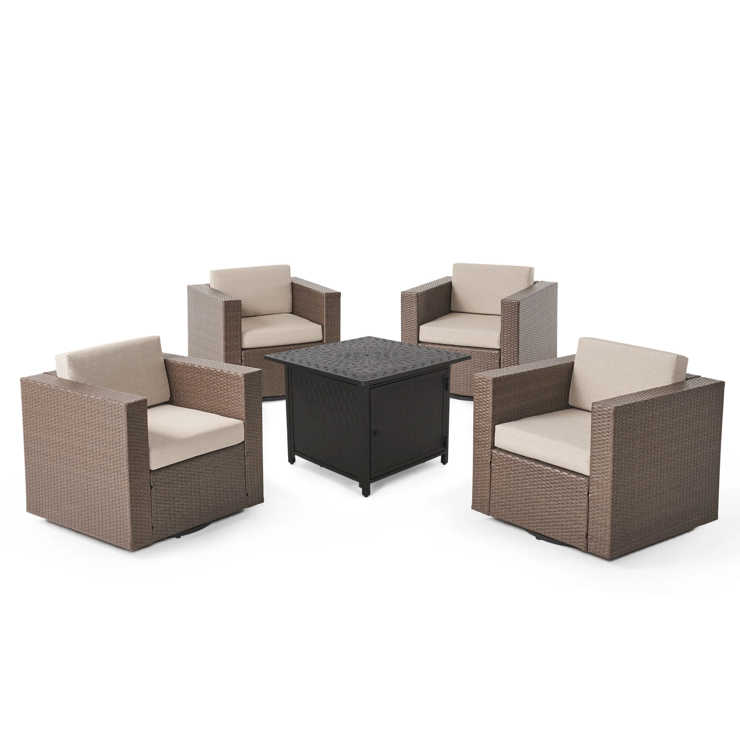 Calella Outdoor 4 Seater Wicker Swivel Chair and Fire Pit Set - furnishings