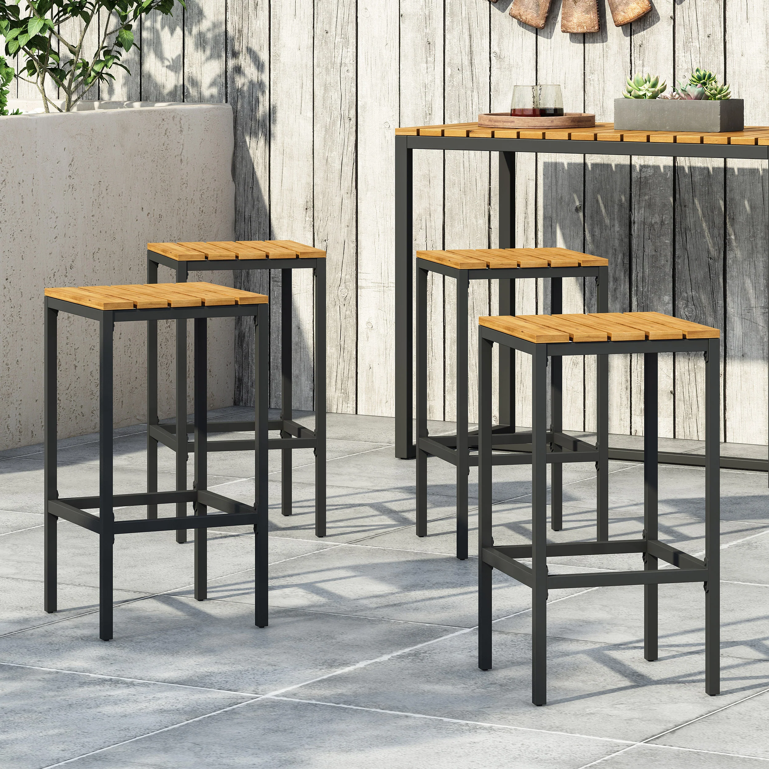 Arath Outdoor Modern Industrial Acacia Wood Bar Stools (Set of 4) - furnishings