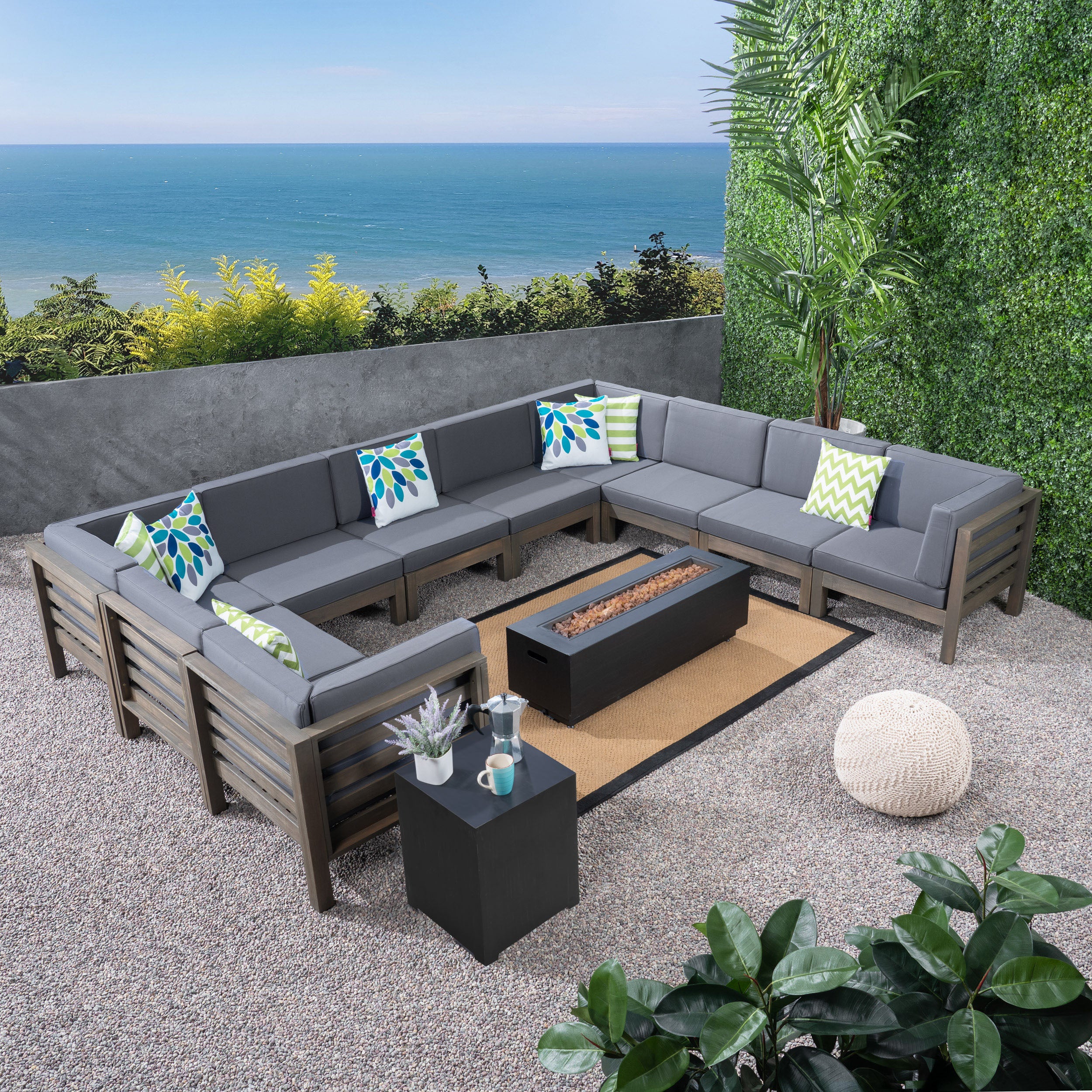Krystin Outdoor 12 Piece U-Shaped Sectional Sofa Set with Fire Pit - furnishings