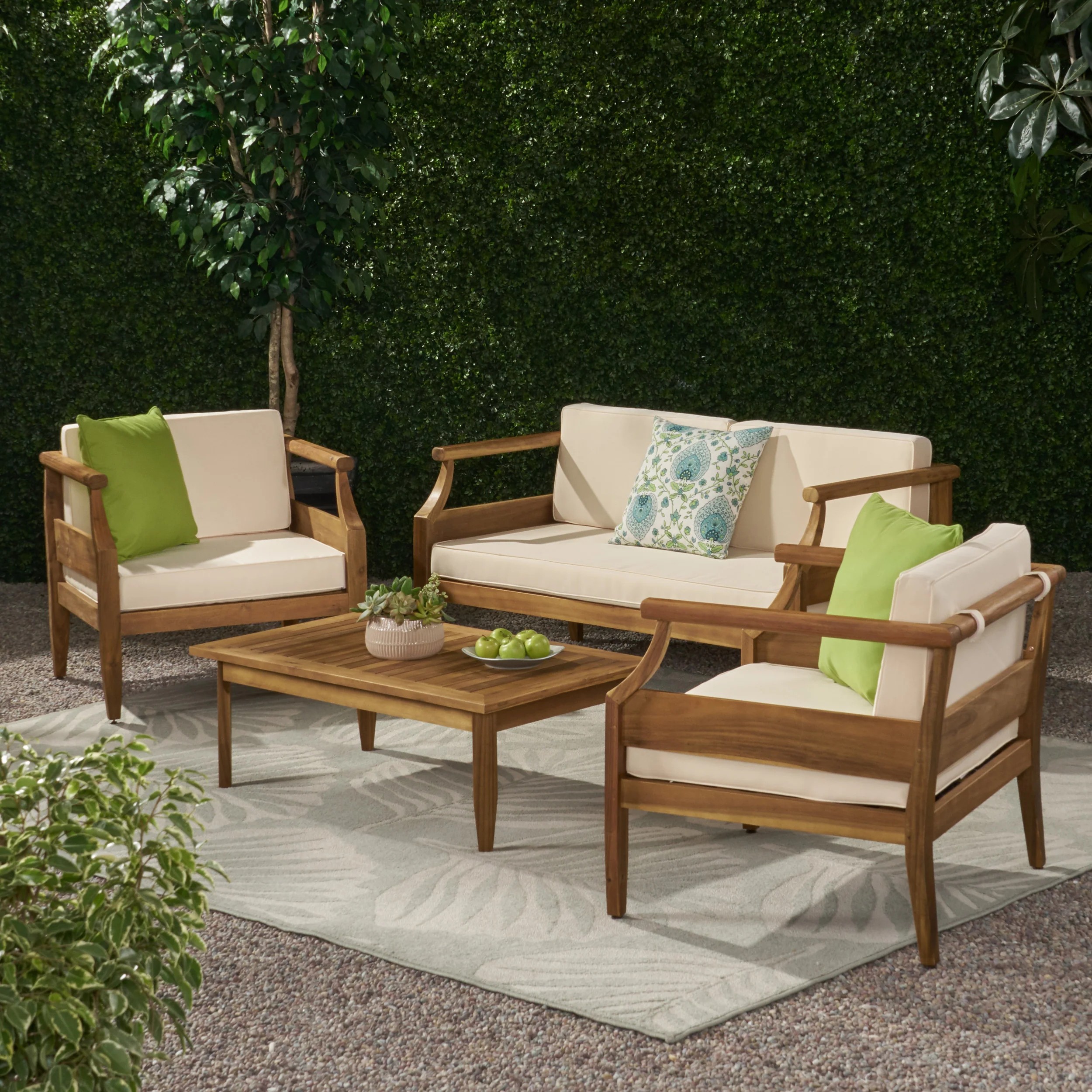 Bianca Outdoor Mid-Century Modern Acacia Wood 4 Seater Chat Set with Cushions - furnishings