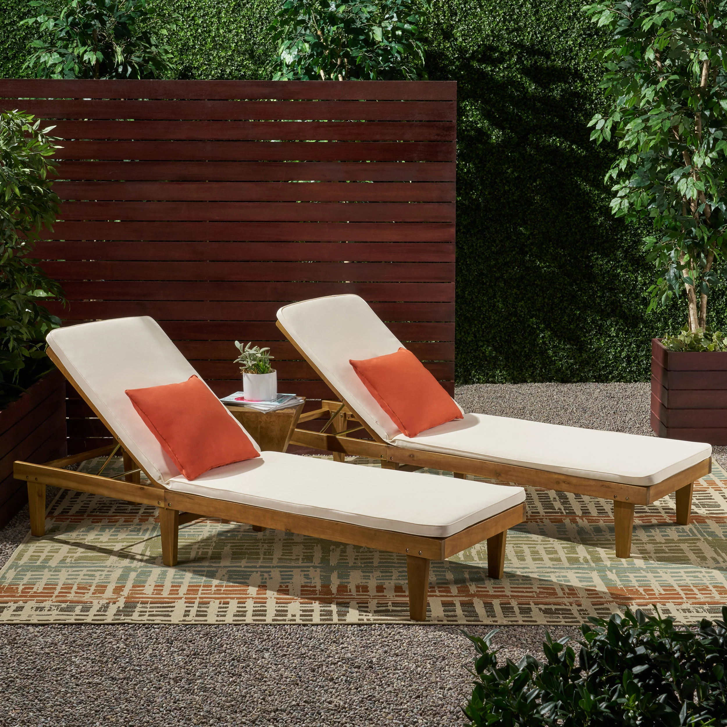 Nadine Outdoor Modern Acacia Wood Chaise Lounge with Cushion (Set of 2) - furnishings