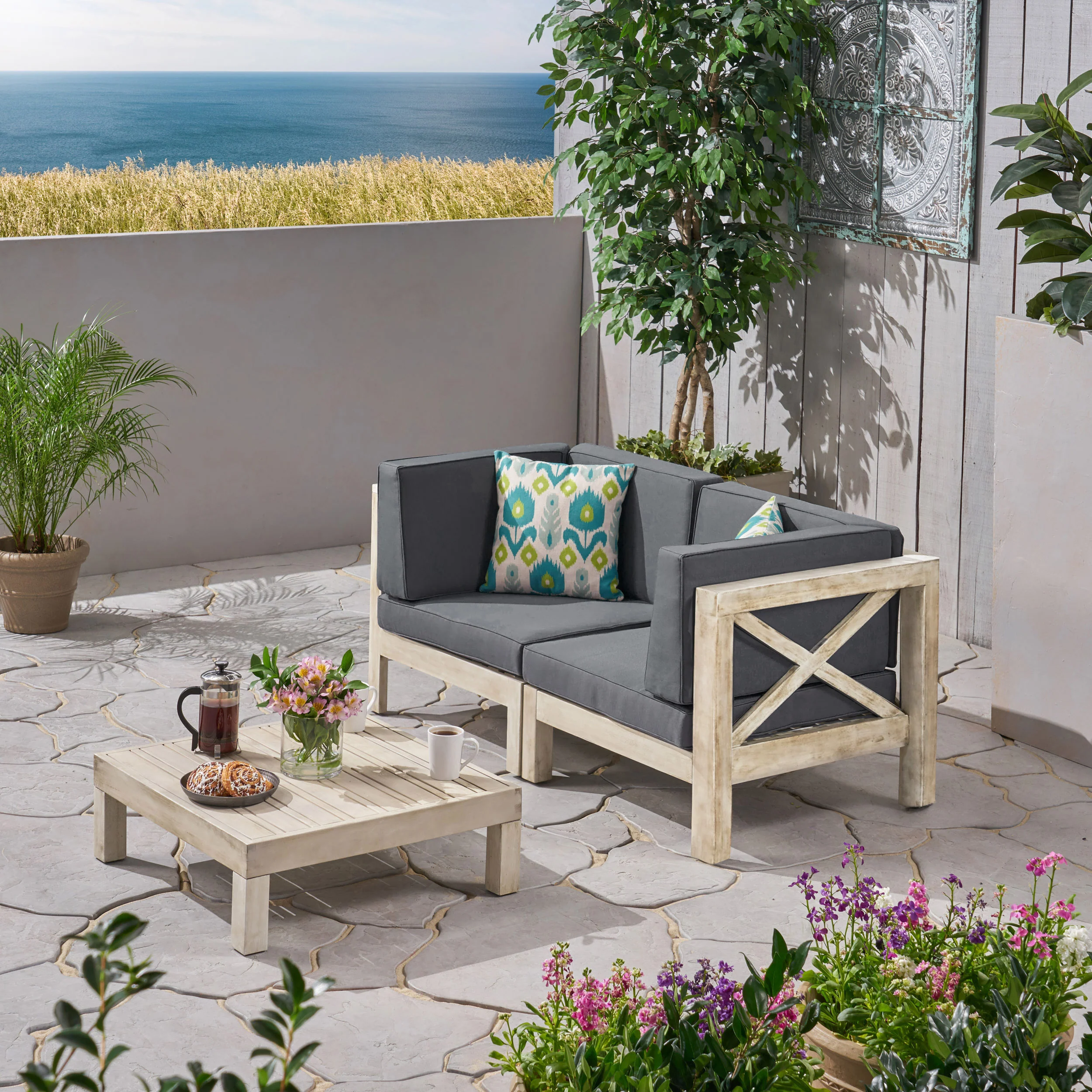 Brava Outdoor Modular Acacia Wood Sofa with Cushions and Coffee Table Set - furnishings