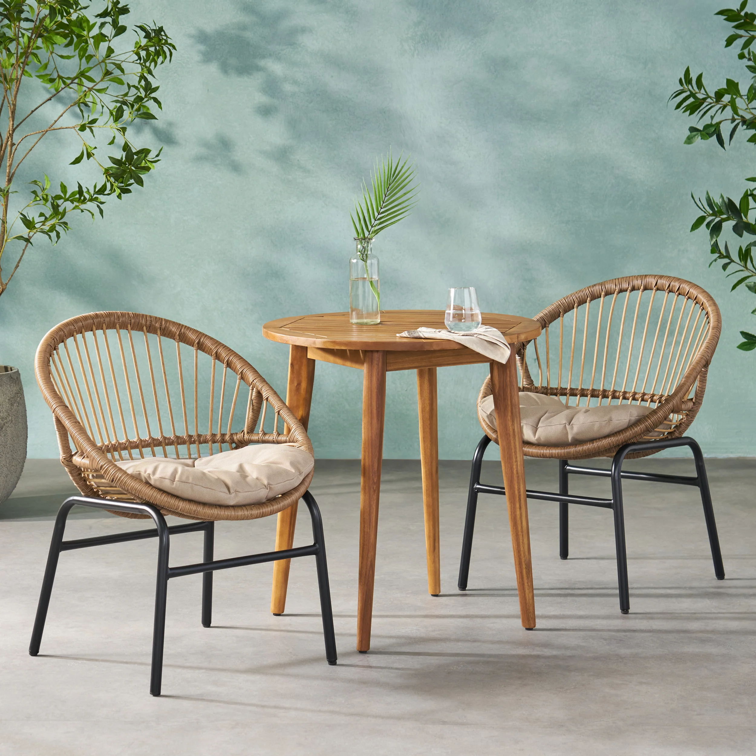 Meriden Outdoor Wicker and Acacia Wood 3 Piece Bistro Set with Cushion, Light Brown, Beige, and Teak - furnishings