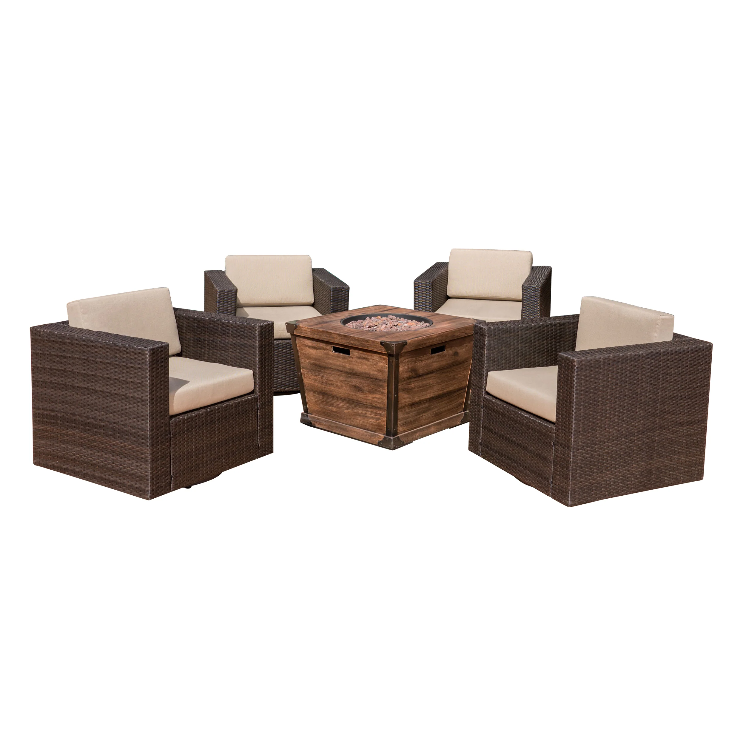Pearson Outdoor 5 Piece Wicker Swivel Club Chair and Fire Pit Set, Dark Brown with Beige and Brown - furnishings