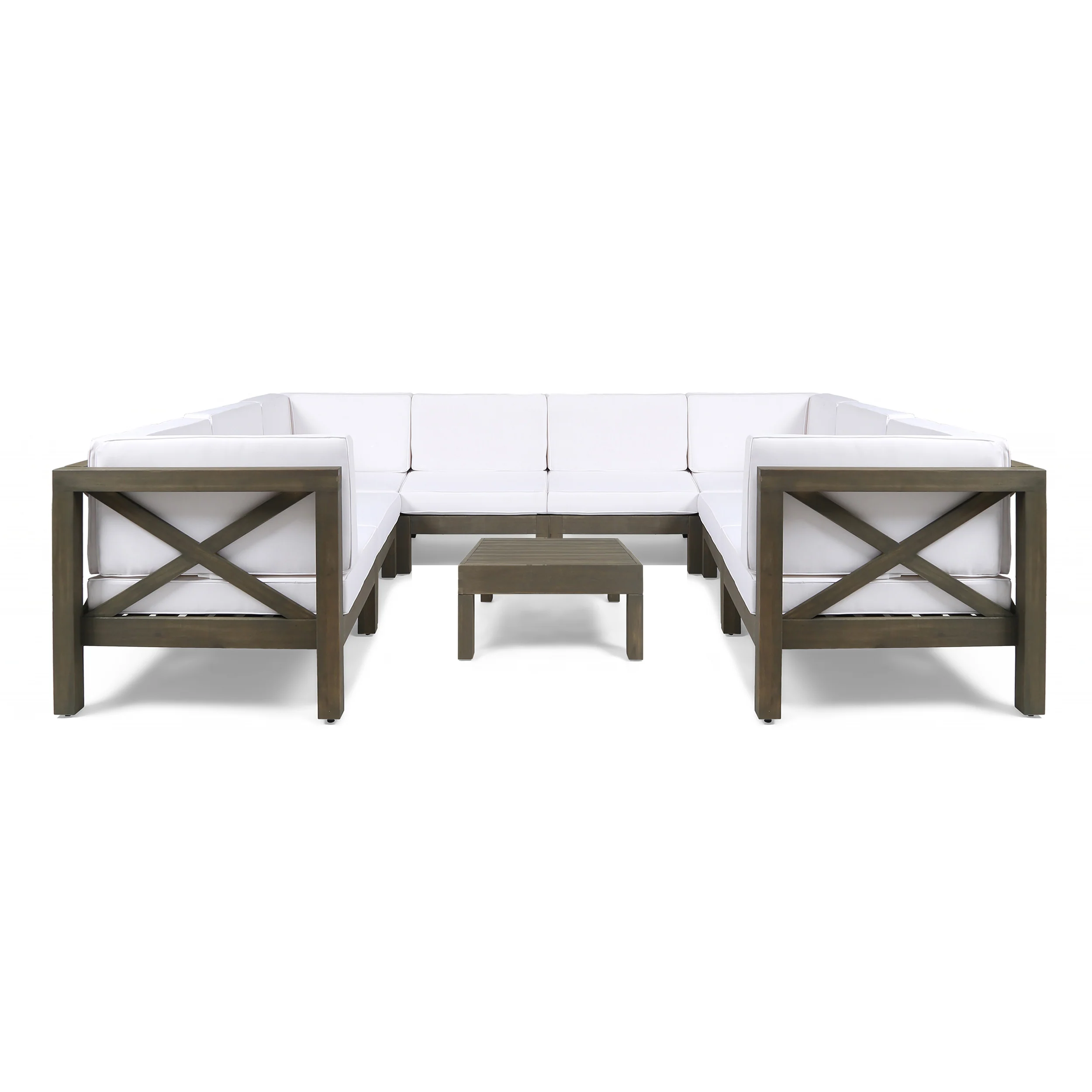 Keith Outdoor Acacia Wood 10 Seater U-Shaped Sectional Sofa Set with Two Coffee Tables - furnishings