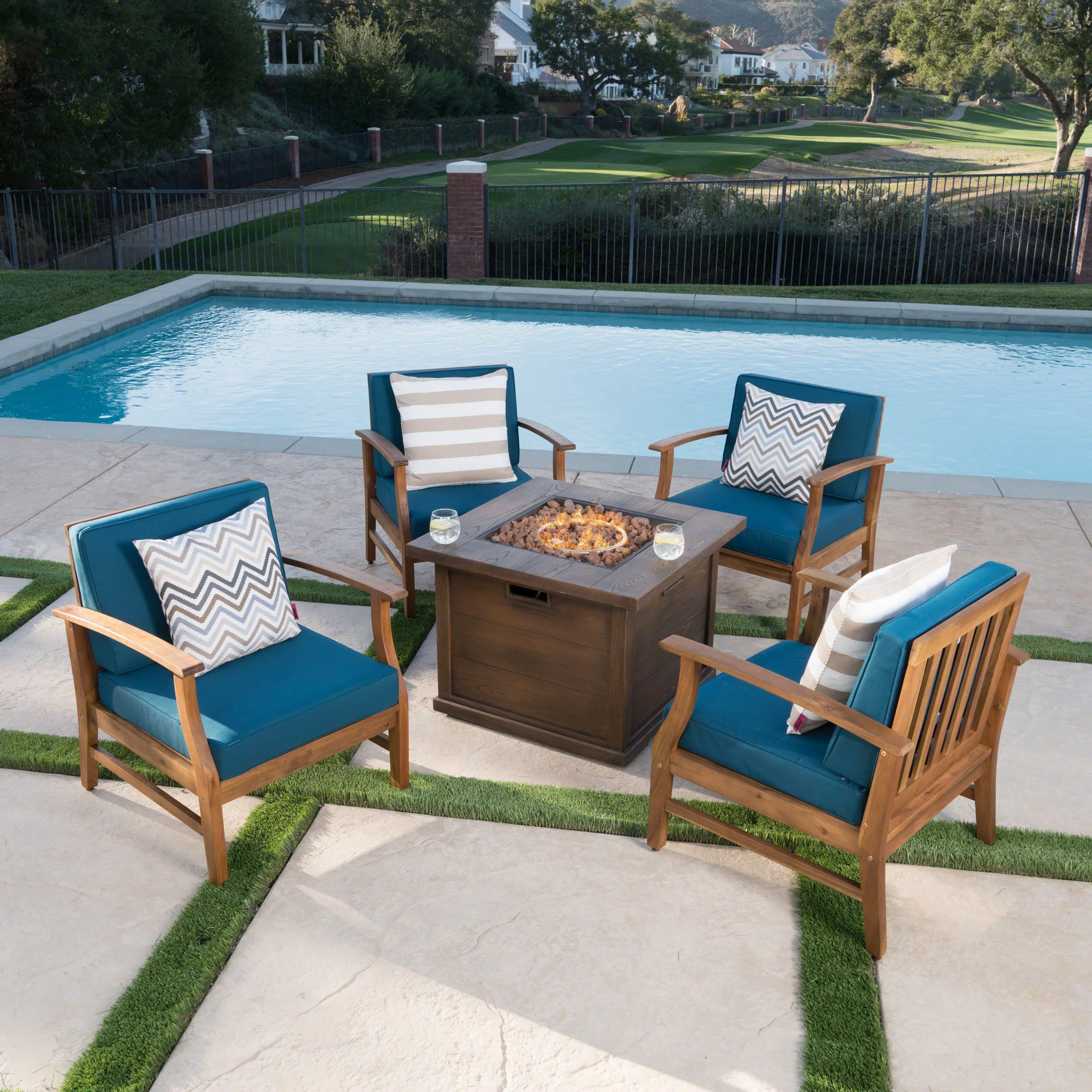 Lilith Outdoor 4 Seat Teak Finished Acacia Wood Club Chairs Fire Pit Chat Set - furnishings