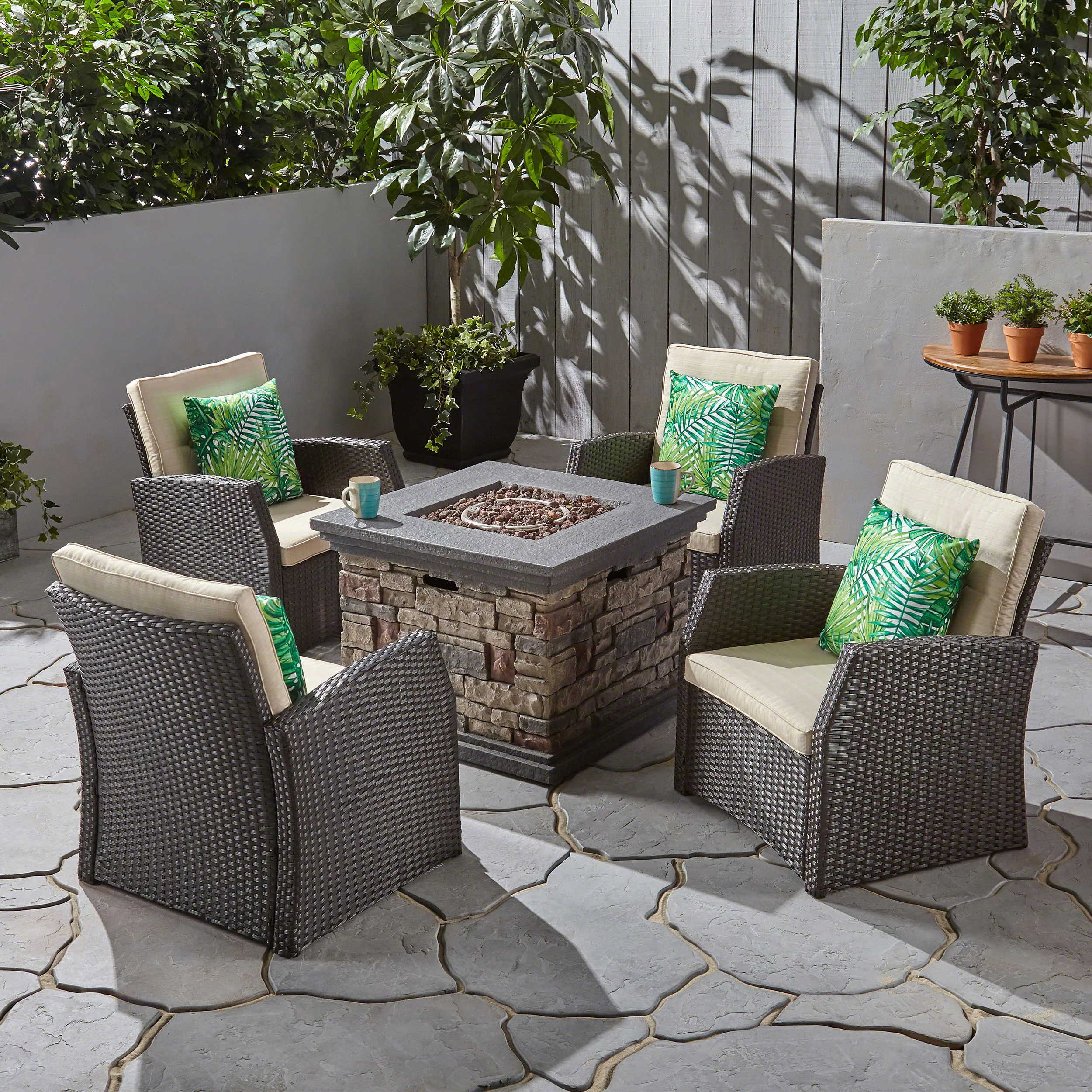 Brier Outdoor 4 Seater Wicker Chat Set with Fire Pit - furnishings