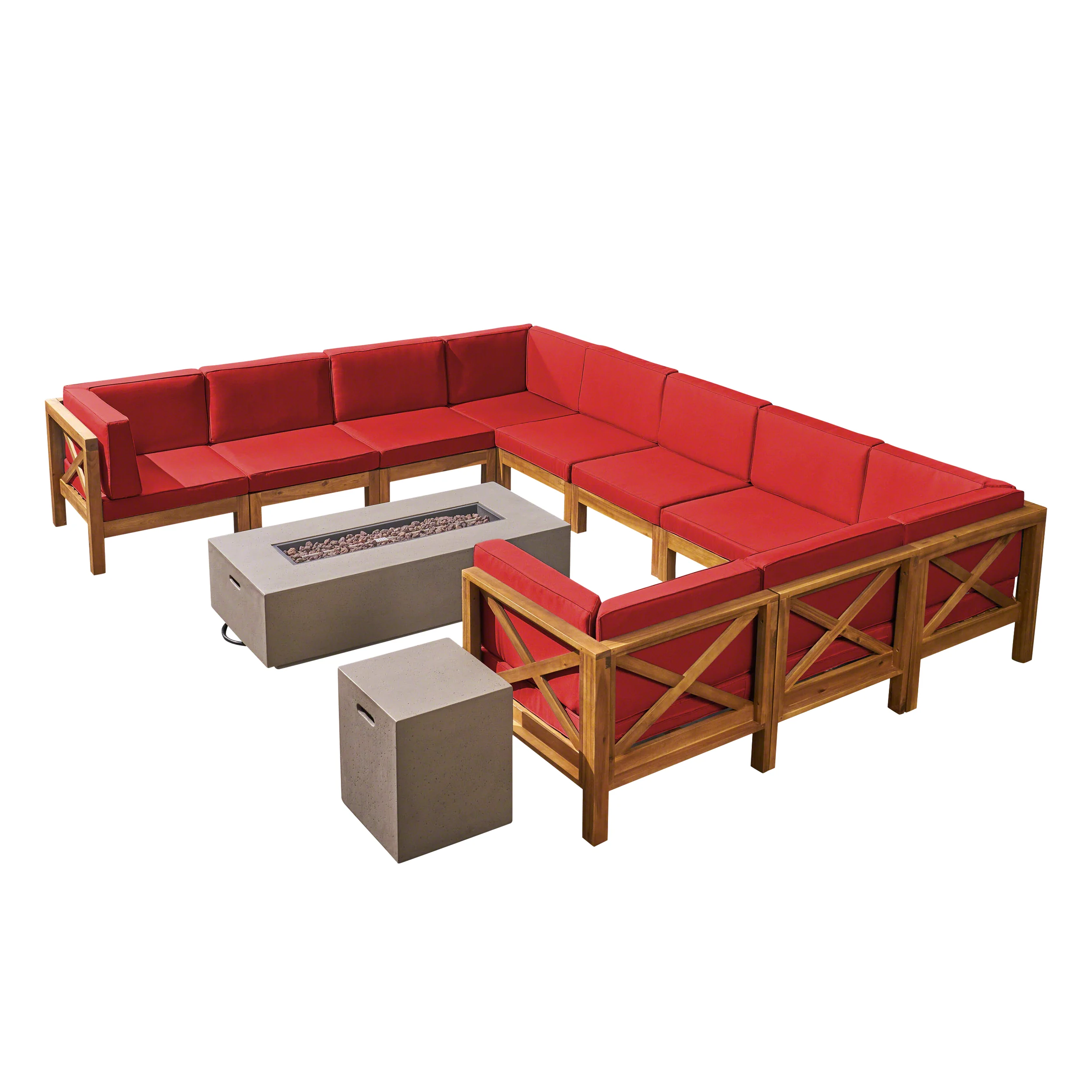 Cynthia Outdoor Acacia Wood 10 Pieces U-Shaped Sectional Sofa Set with Fire Pit - furnishings